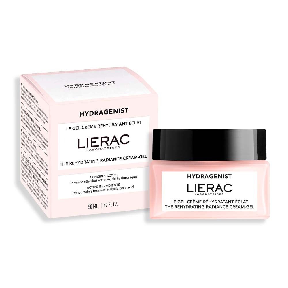 Scatola rosa e vasetto con coperchio nero. Scritta: HYDRAGENIST, LIERAC, LE GEL-CRÈME RÉHYDRATANT ÉCLAT, THE REHYDRATING RADIANCE CREAM-GEL.