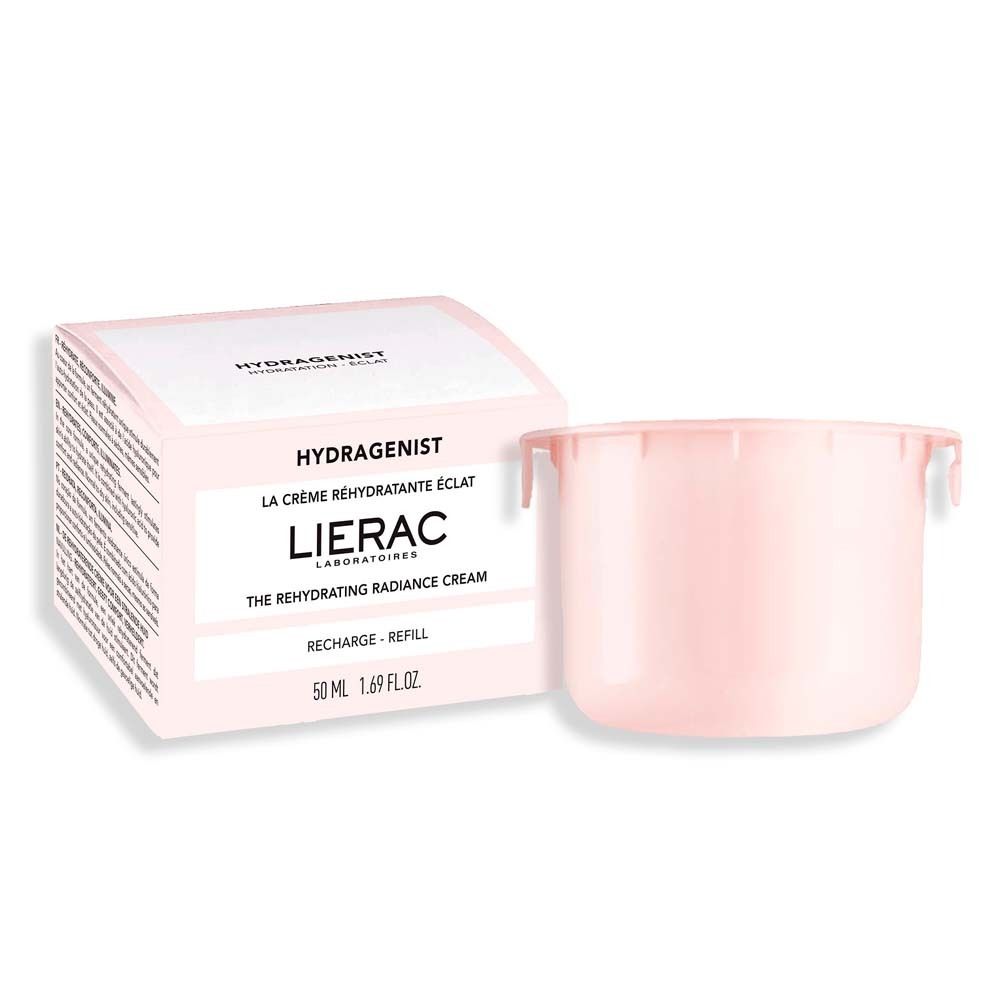 Ricarica crema rosa accanto a una scatola bianca. Testo: Hydragenist, LIERAC.