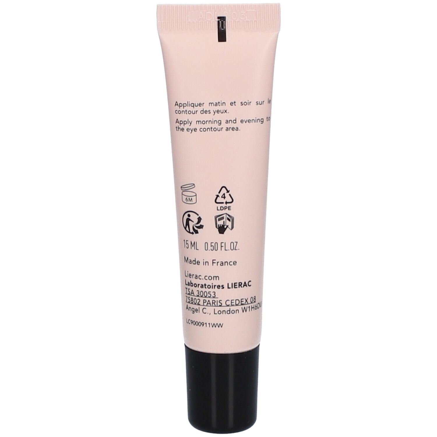Retro del tubo rosa. Testo: Appliquer matin et soir sur le contour des yeux. 15 ml, 0.50 FL.OZ. Made in France.