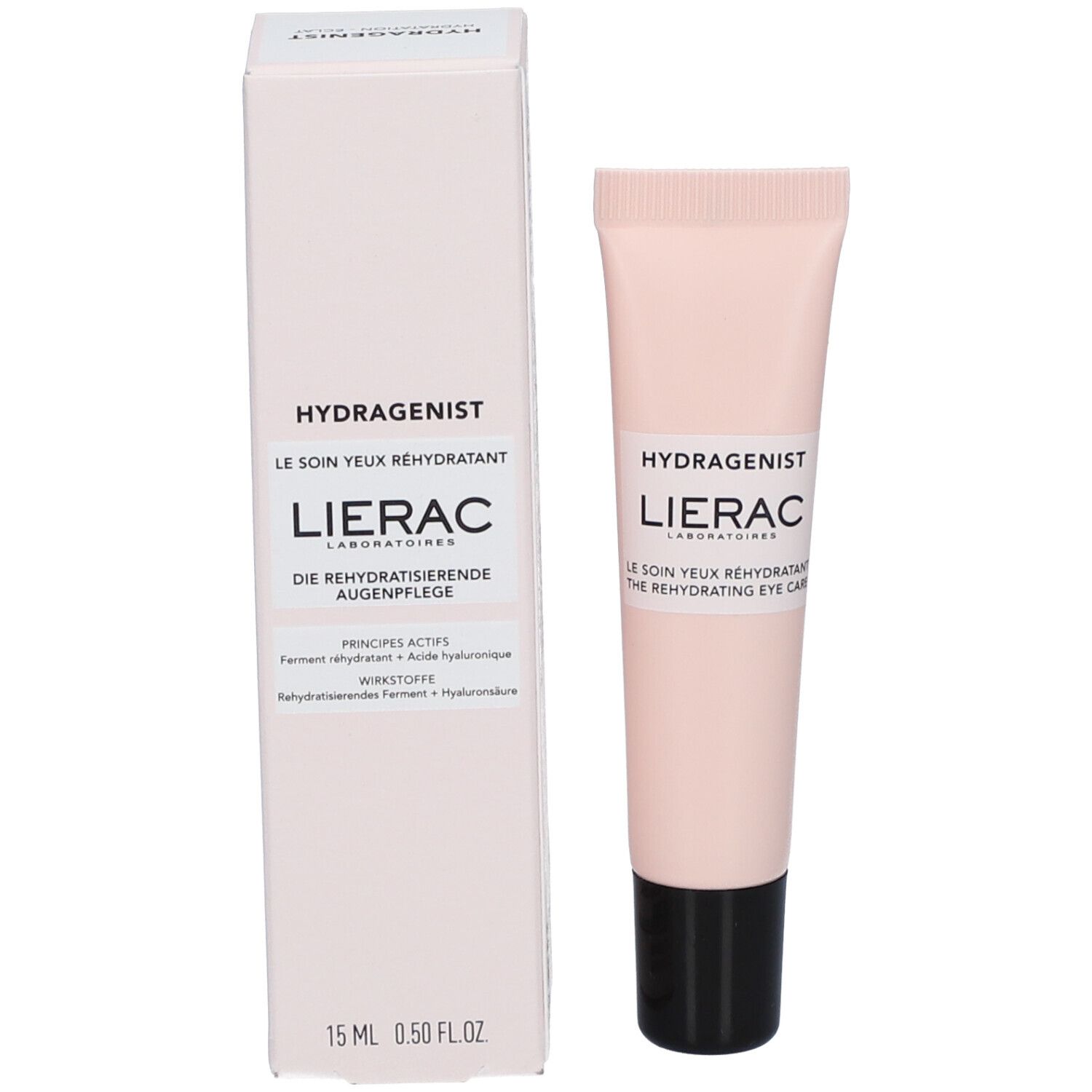 Prodotto e confezione. Tubo rosa e scatola. Scritta: Hydragenist, LIERAC. Testo: Il trattamento occhi reidratante, 15 ml.