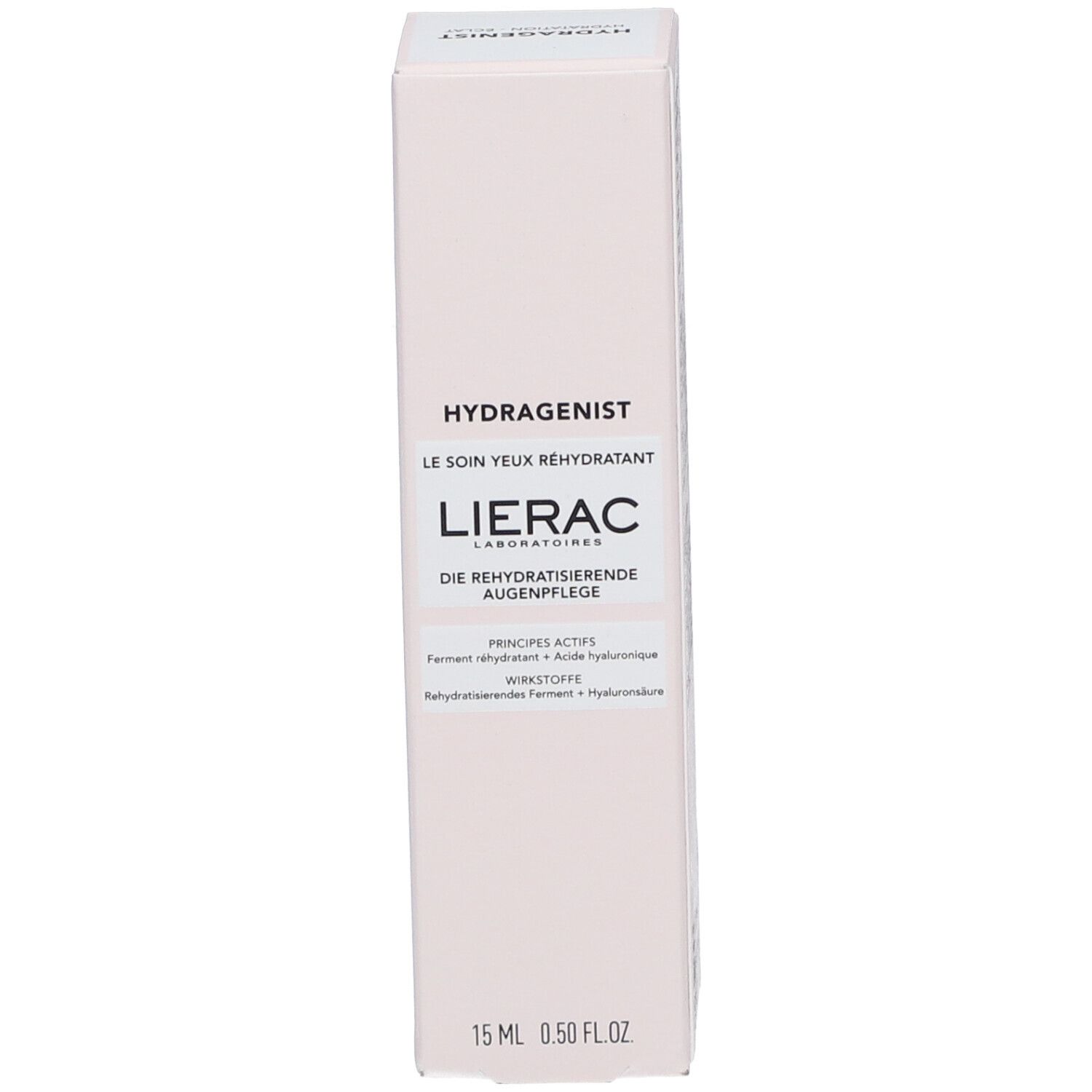 Confezione in cartone. Scritta: Hydragenist, LIERAC. Testo: Il trattamento occhi reidratante, 15 ml.