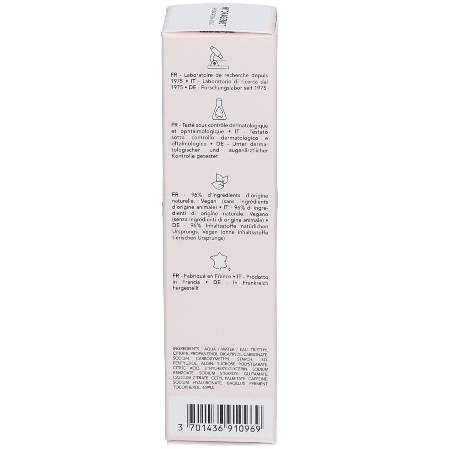 Confezione in cartone. Testo: Laboratoires Lierac, Testato dermatologicamente e oftalmologicamente. 96% di ingredienti di origine naturale.