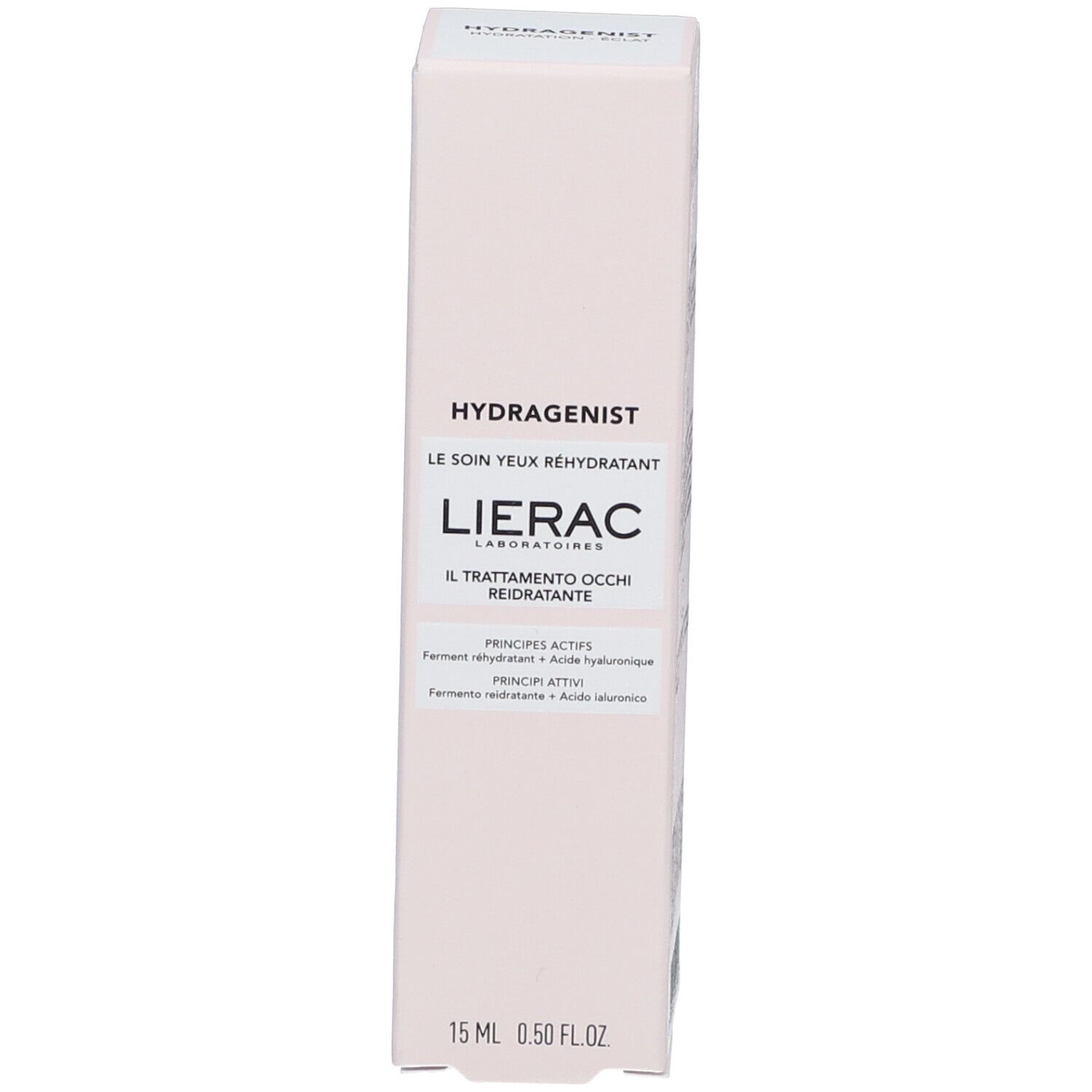 Confezione in cartone. Scritta: Hydragenist, LIERAC. Testo: Il trattamento occhi reidratante, 15 ml.