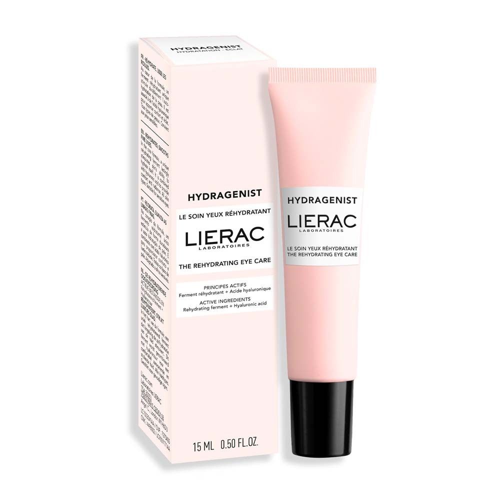 Tubo rosa e confezione. Scritta: Hydragenist, LIERAC. Testo: Le soin yeux réhydratant, The rehydrating eye care. 15 ml 0.50 FL.OZ.