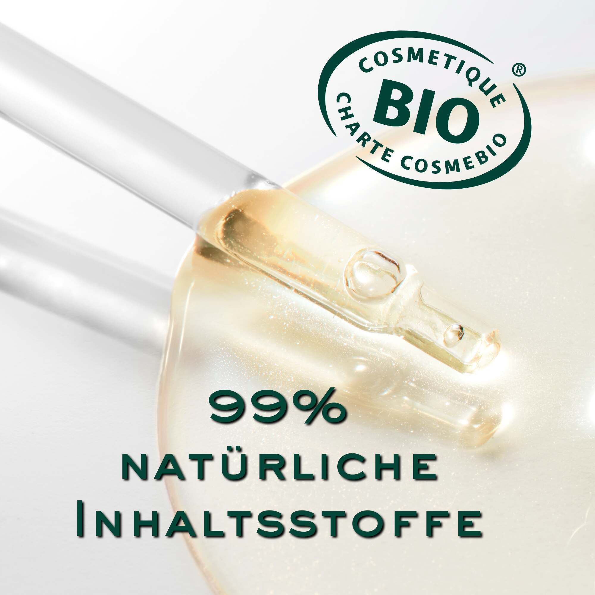 Primo piano di una pipetta. Testo: 99% ingredienti naturali. Certificazione bio.