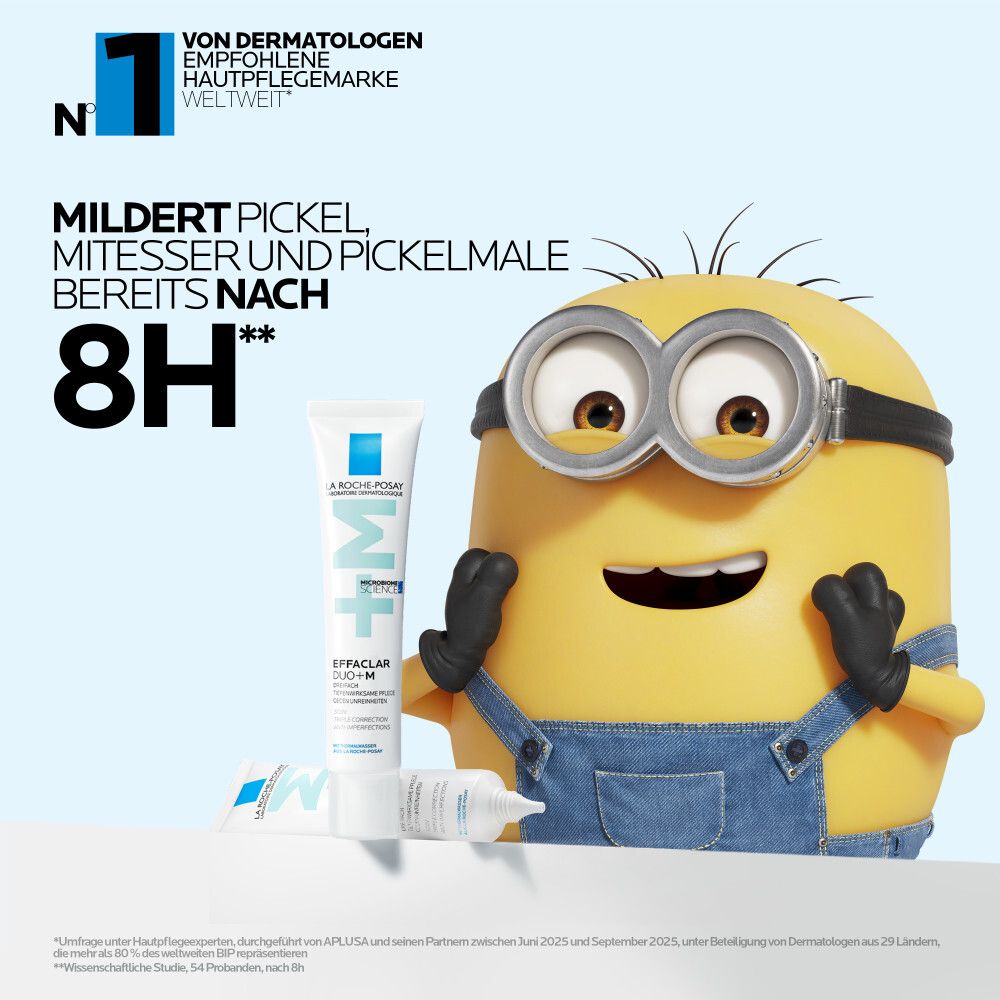 Tubo La Roche Posay Effaclar Duo+M accanto a una figura Minion e a una promessa di prodotto.