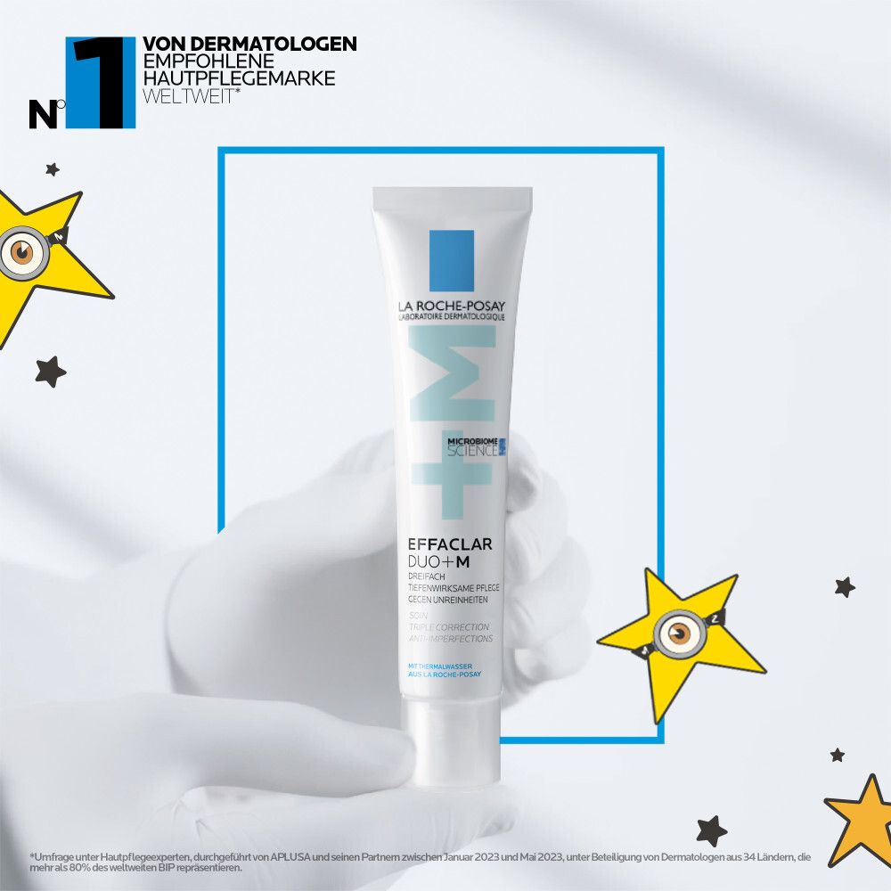 Tubo La Roche Posay Effaclar Duo+M tra le mani, incorniciato da stelle e Minions.
