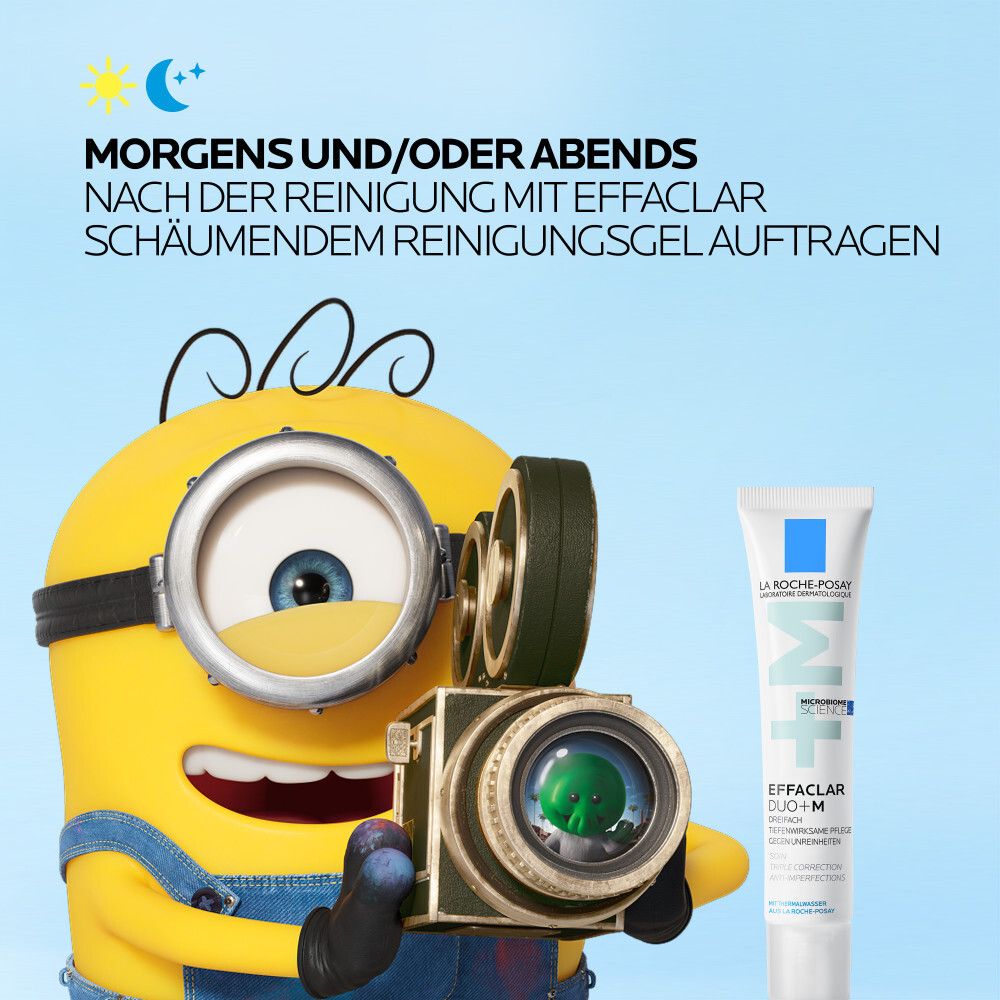 Minion con macchina fotografica accanto al tubo La Roche Posay Effaclar Duo+M.