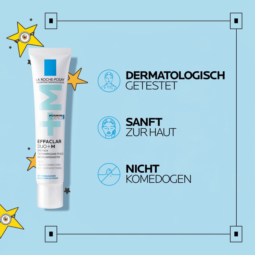 Tubo La Roche Posay Effaclar Duo+M con sigilli dermatologici e stelle.