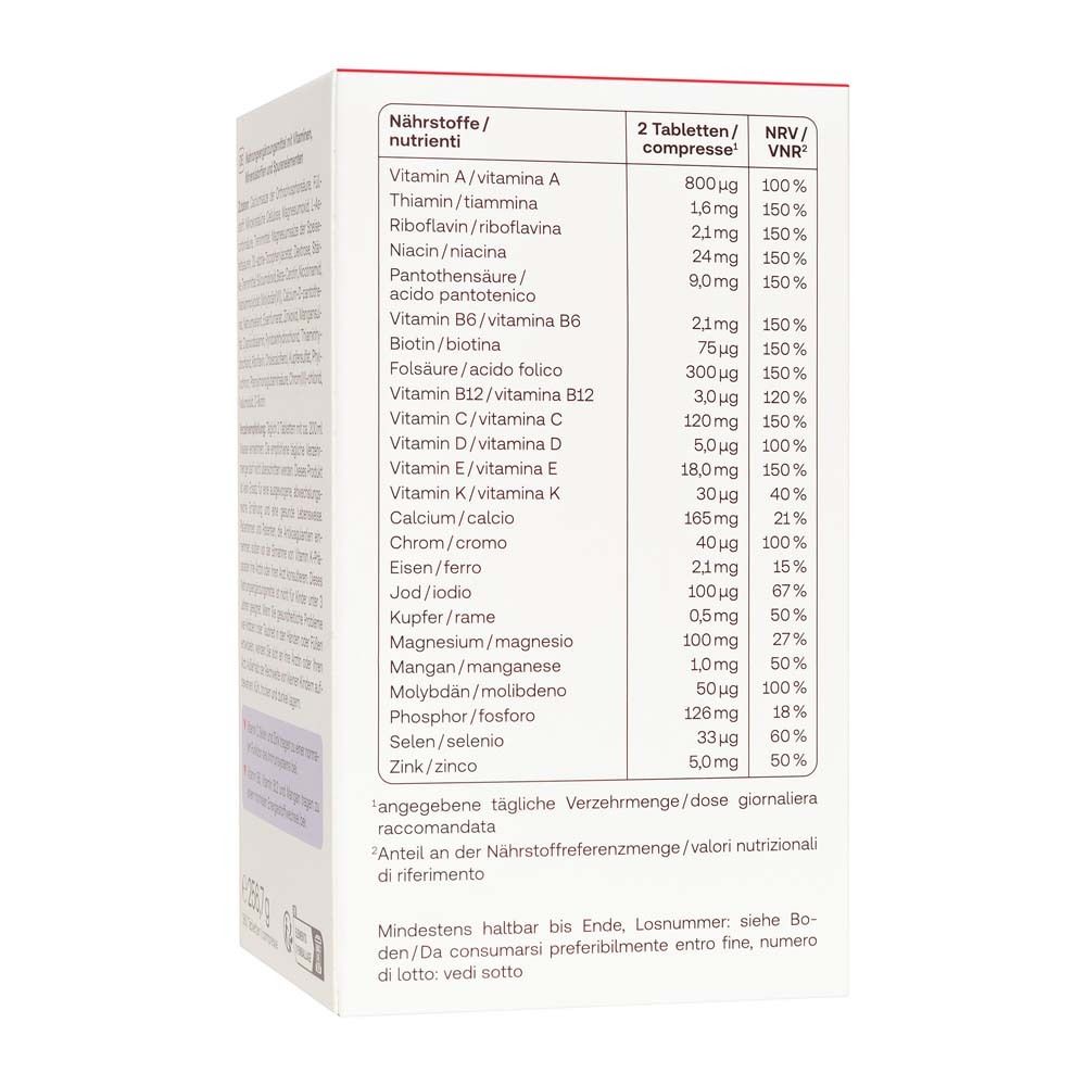 Tabella nutrizionale con vitamine e minerali.