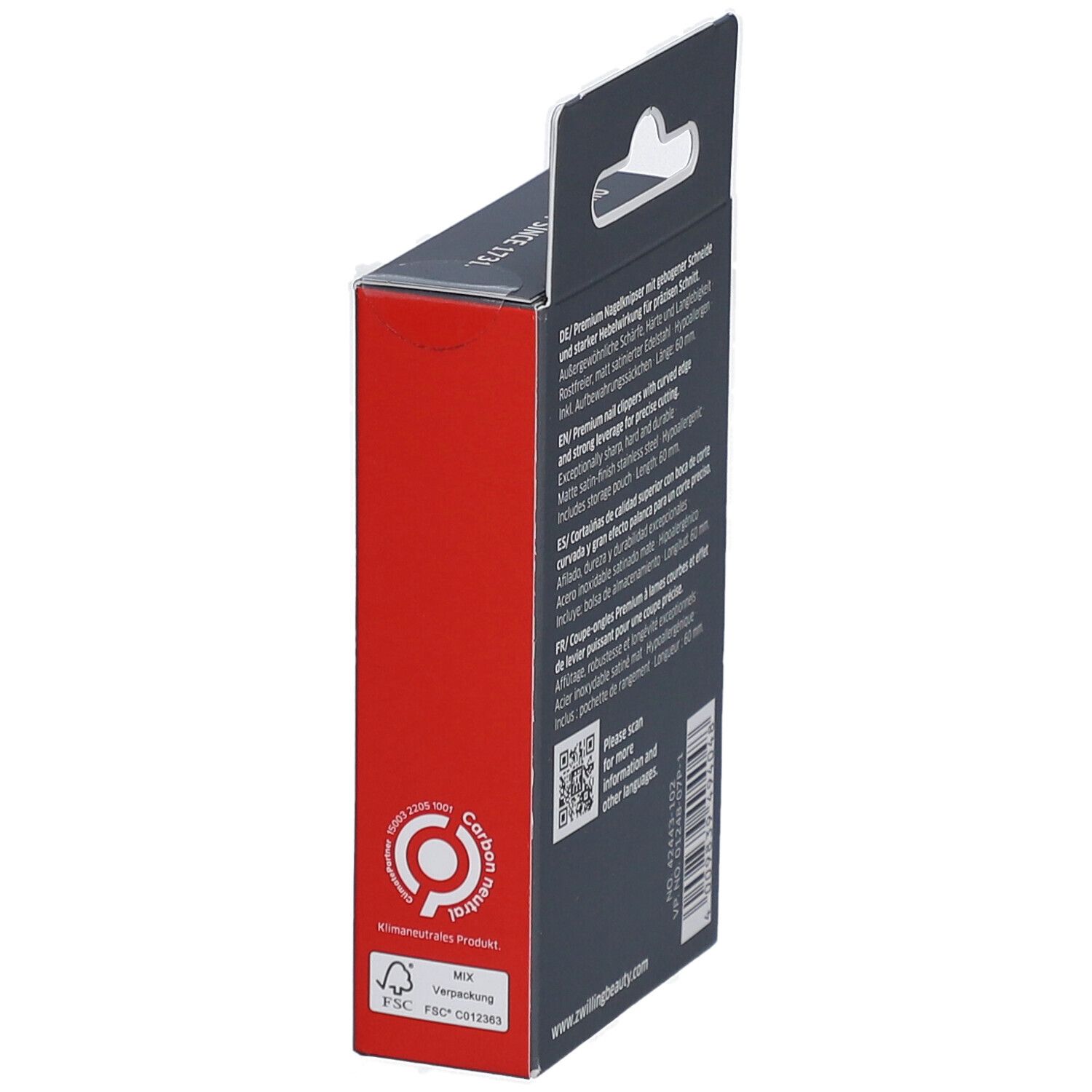 Confezione con lato rosso e grigio, foro per appendere e testo. A sinistra, sigillo 'Carbon neutral'.