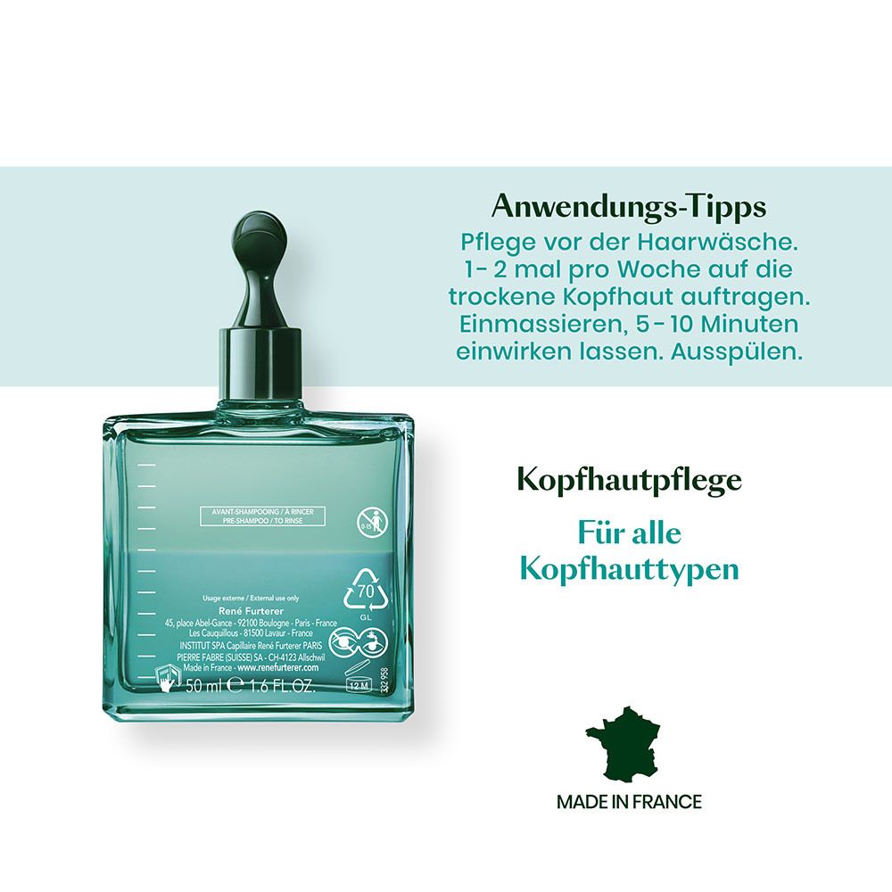 Flacone in vetro verde con applicatore verde per la cura del cuoio capelluto, 50 ml.
