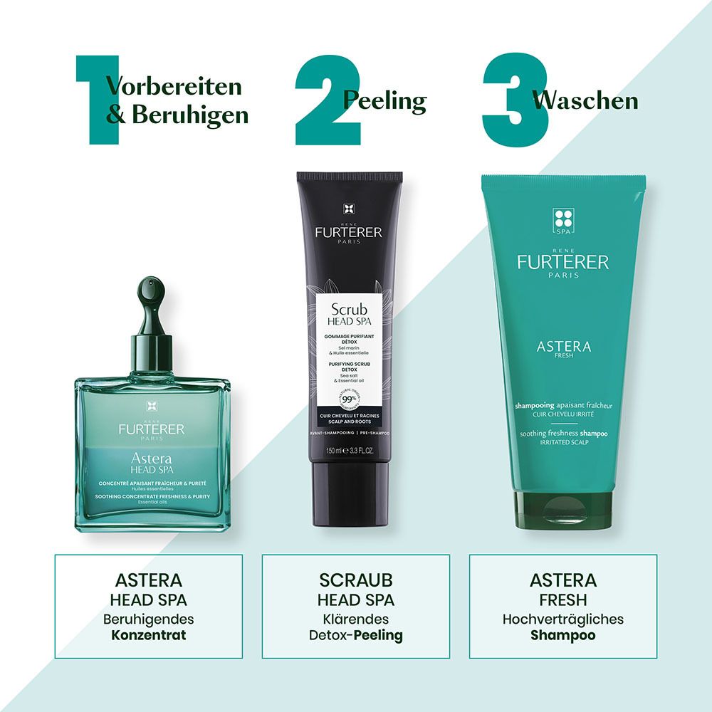 Tre prodotti per capelli Furterer: concentrato, scrub e shampoo.