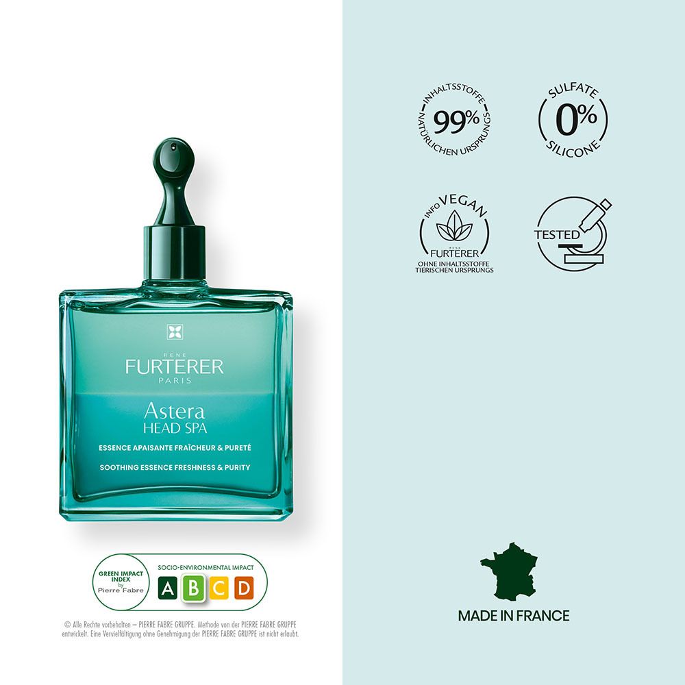Flacone con essenza per capelli color acquamarina e punta applicatore verde. Include sigilli per 99% ingredienti naturali, vegan, 0% silicone, testato.