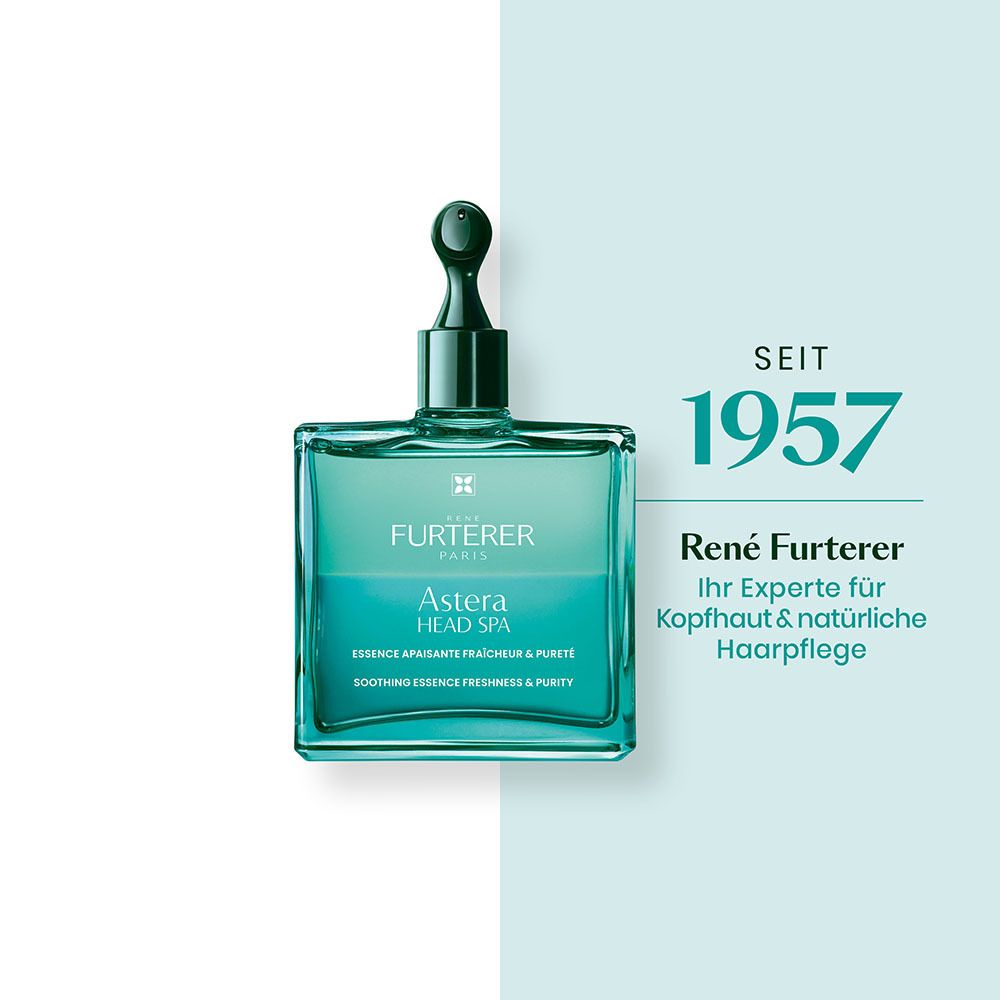 René Furterer Astera Head Spa Essence in una bottiglia rettangolare con applicatore verde.