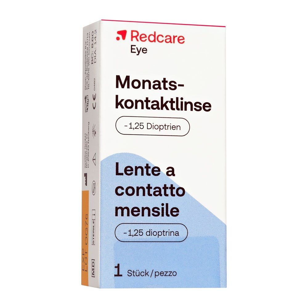 Confezione di una lente a contatto mensile, -1,25 diottrie, 1 pezzo, con informazioni prodotto sul lato.