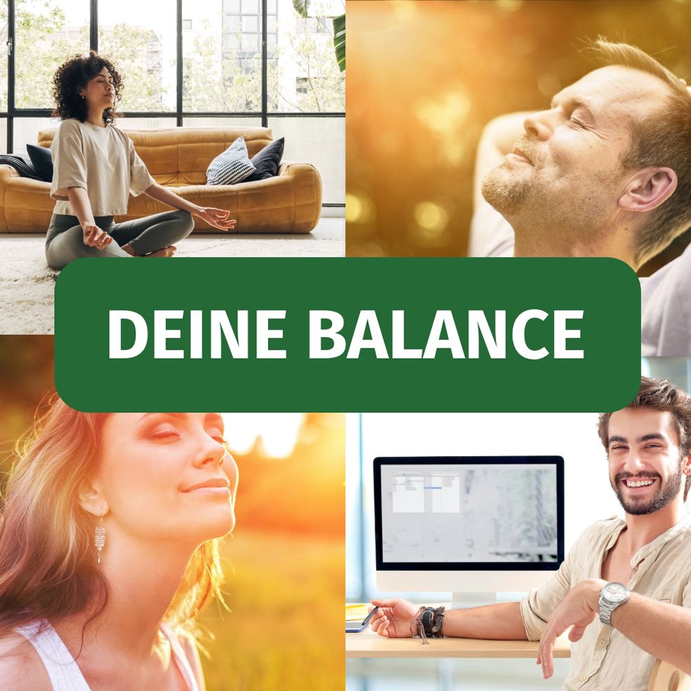Collage con persone in pose rilassate e il testo 'DEINE BALANCE'.