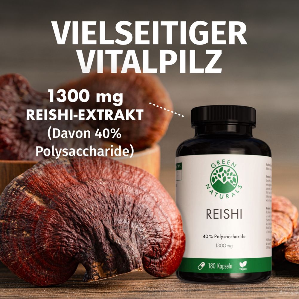 Fungo Reishi e un flacone di estratto di Reishi GREEN NATURALS (1300 mg, 40% polisaccaridi, 180 capsule).