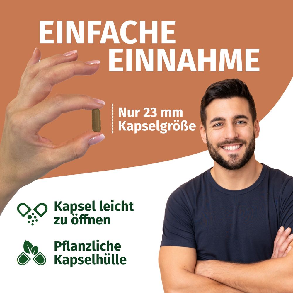Mano che tiene una capsula di Reishi (23 mm). Un uomo sorride. Testo: 'EINFACHE EINNAHME'.