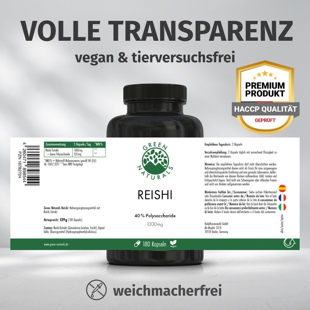 Flacone di Reishi con etichetta. Testo: 'VOLLE TRANSPARENZ', 'vegano e cruelty-free', 'PREMIUM PRODUKT', 'HACCP QUALITÄT'.