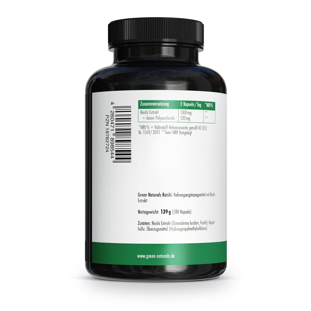 Retro di un flacone di Reishi con informazioni nutrizionali e ingredienti. 139g (180 capsule).