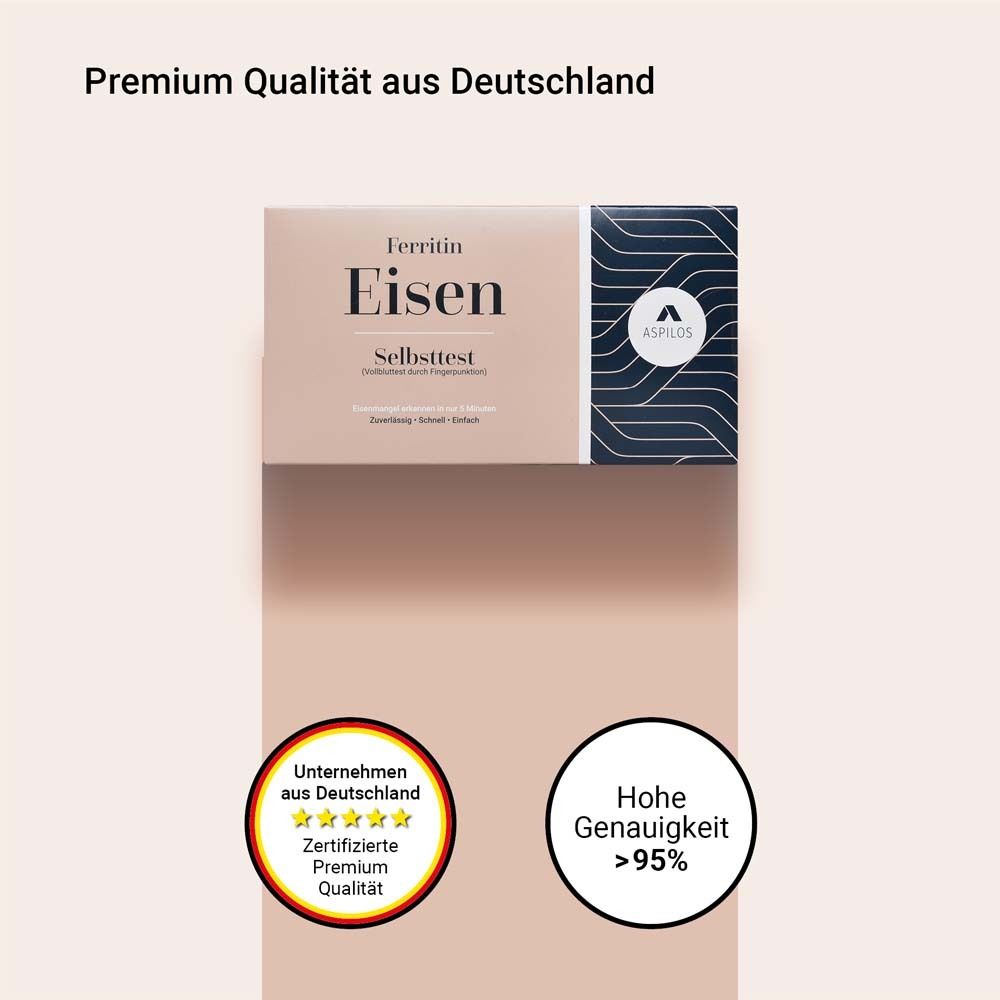 Confezione prodotto con logo e testo: "Ferritin Eisen Selbsttest". Testo: Qualità premium certificata. Alta precisione >95%.