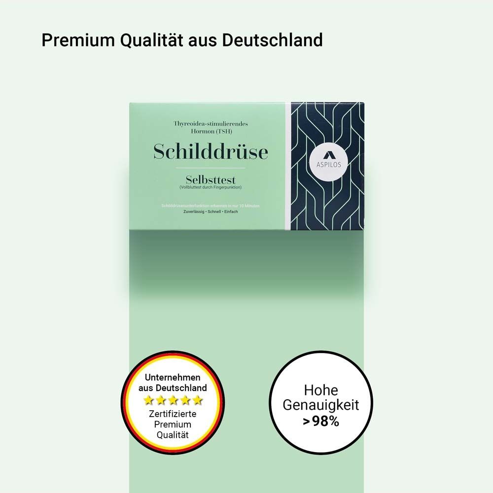 Confezione del prodotto con testo "Schilddrüse Selbsttest". Logo "ASPILOS". Qualità premium certificata. Alta precisione >98%.