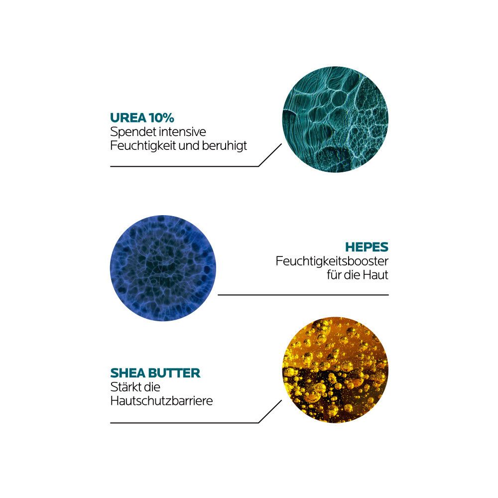 Primo piano ingredienti: Urea 10%, HEPES, Burro di Karité. Per idratazione e protezione.