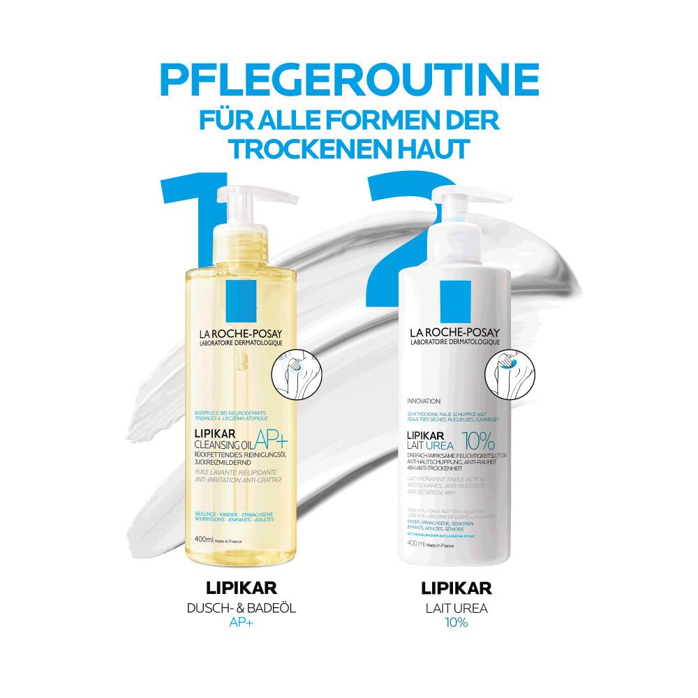 Prodotti La Roche-Posay Lipikar: Olio Lavante AP+ e Lait Urea 10%. Per pelle secca.