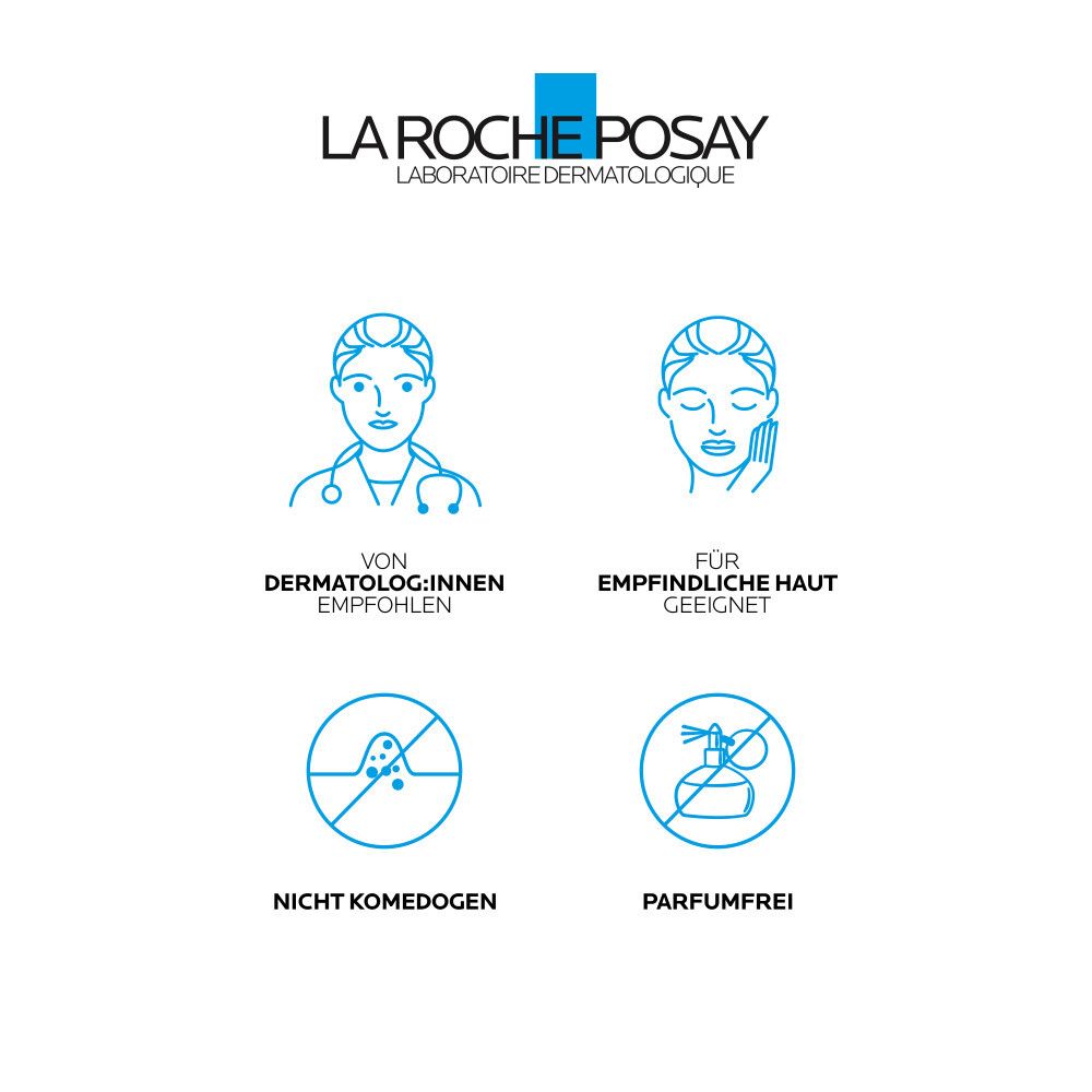 Logo La Roche-Posay. Raccomandato dai dermatologi. Adatto alle pelli sensibili. Non comedogenico.