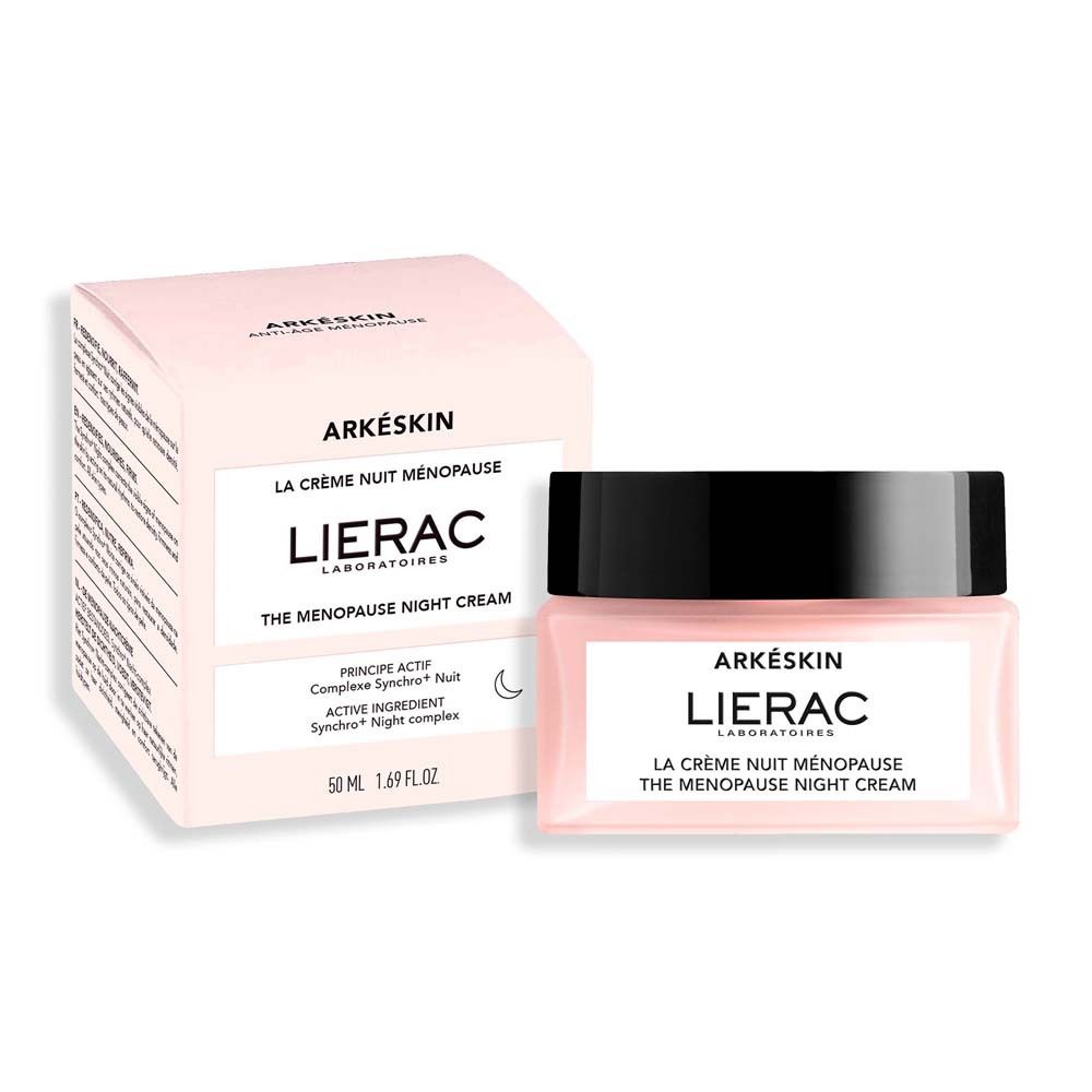 Confezione e vasetto. Scritta: Arkéskin, Lierac, La Crème Nuit Ménopause, The Menopause Night Cream. 50 ml.