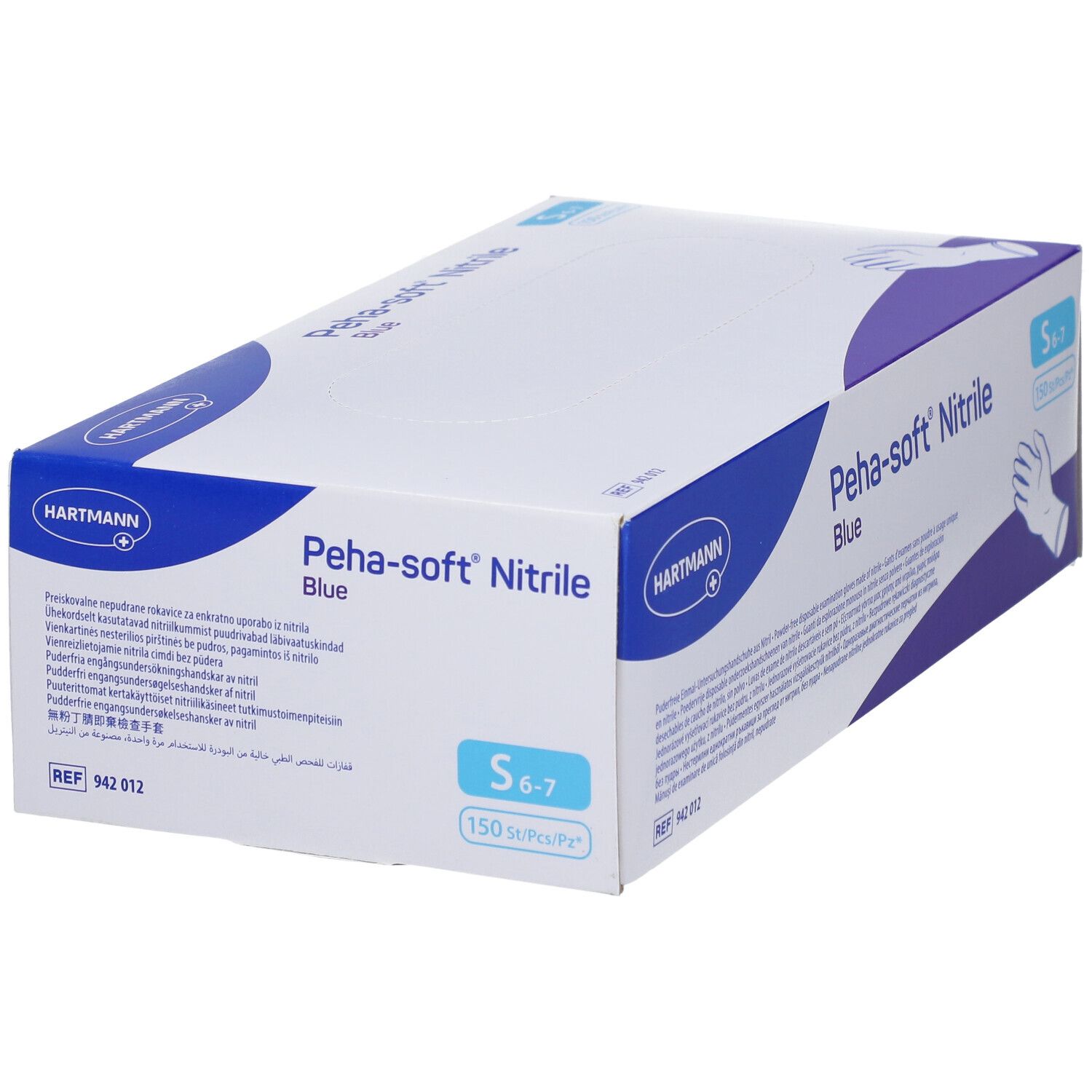 Scatola di guanti Peha-soft Nitrile Blue, taglia S 6-7, 150 pezzi. Logo Hartmann.