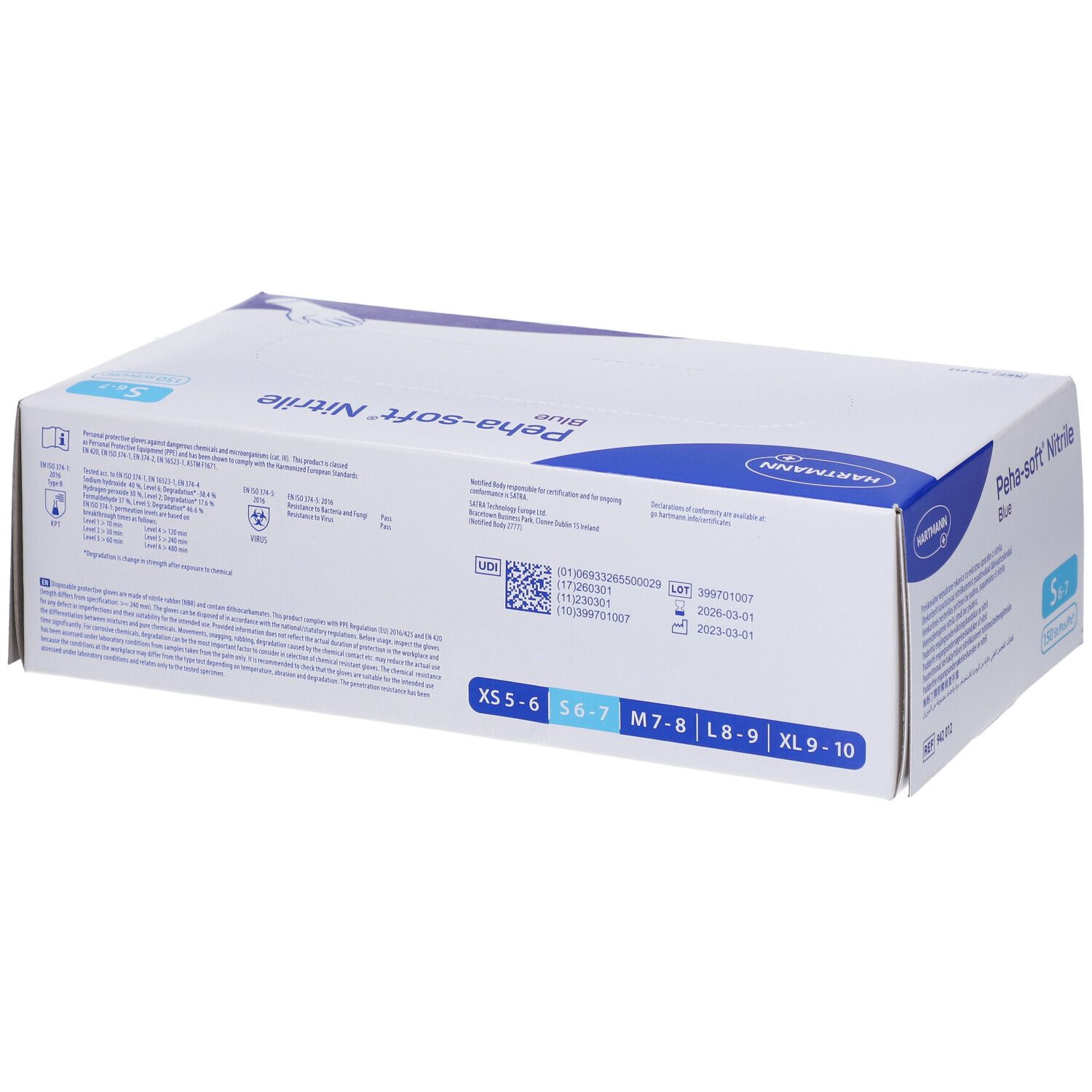 Scatola di guanti Peha-soft Nitrile Blue. Taglie: XS-S, S-M, M-L, L-XL. Logo Hartmann.