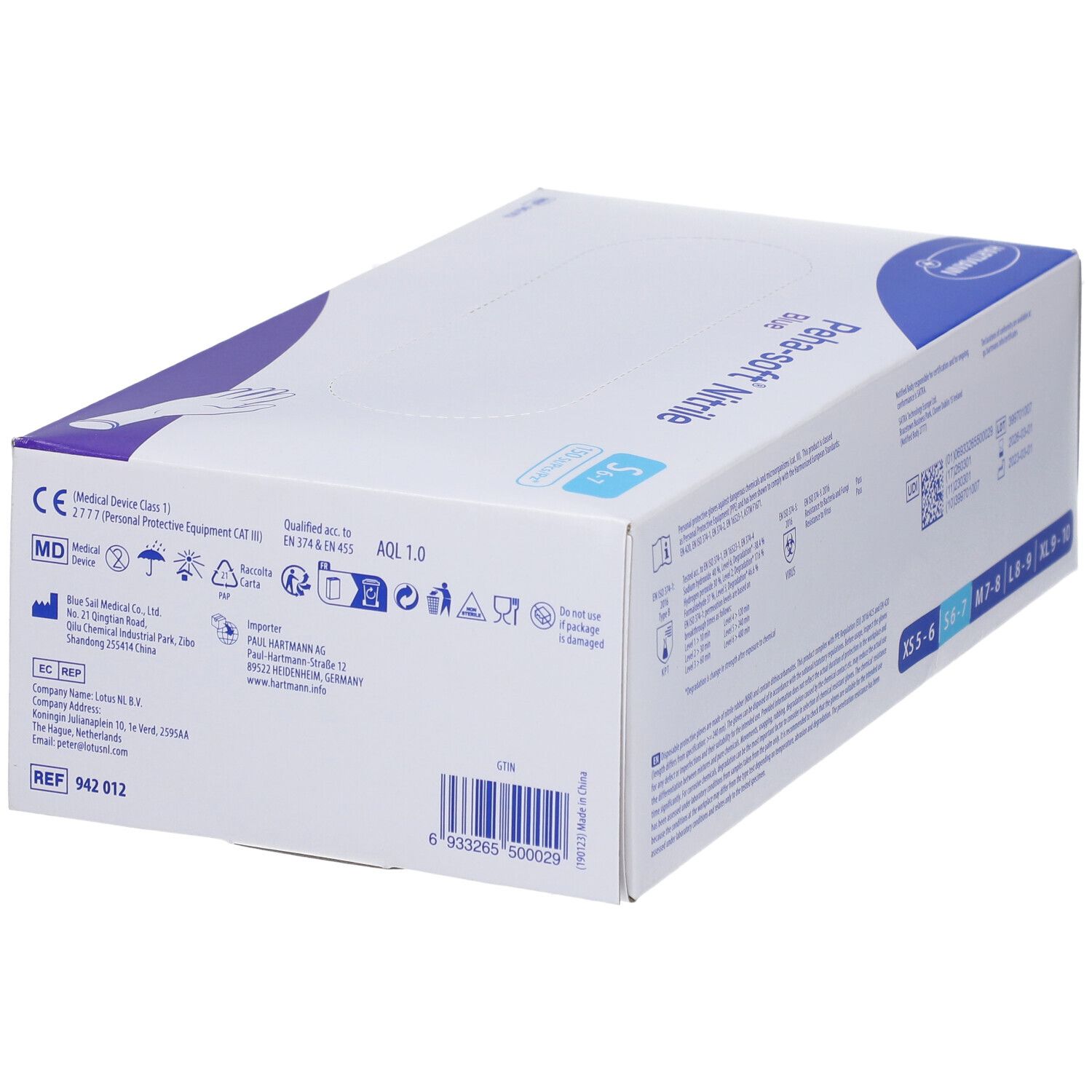 Scatola di guanti Peha-soft Nitrile Blue. Marchio CE, AQL 1.0. Logo Hartmann.