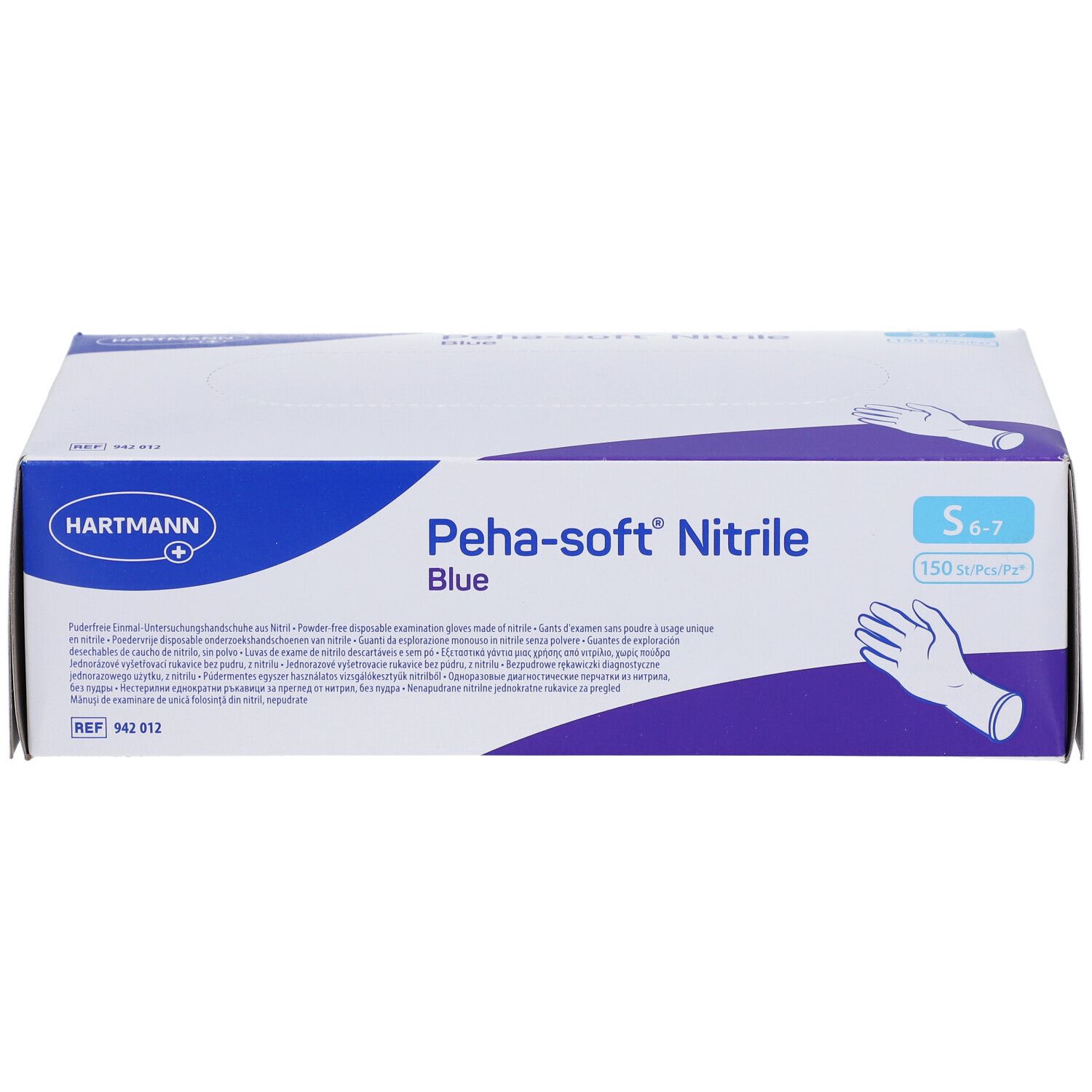 Scatola di guanti Peha-soft Nitrile Blue, taglia S 6-7, 150 pezzi. Logo Hartmann.