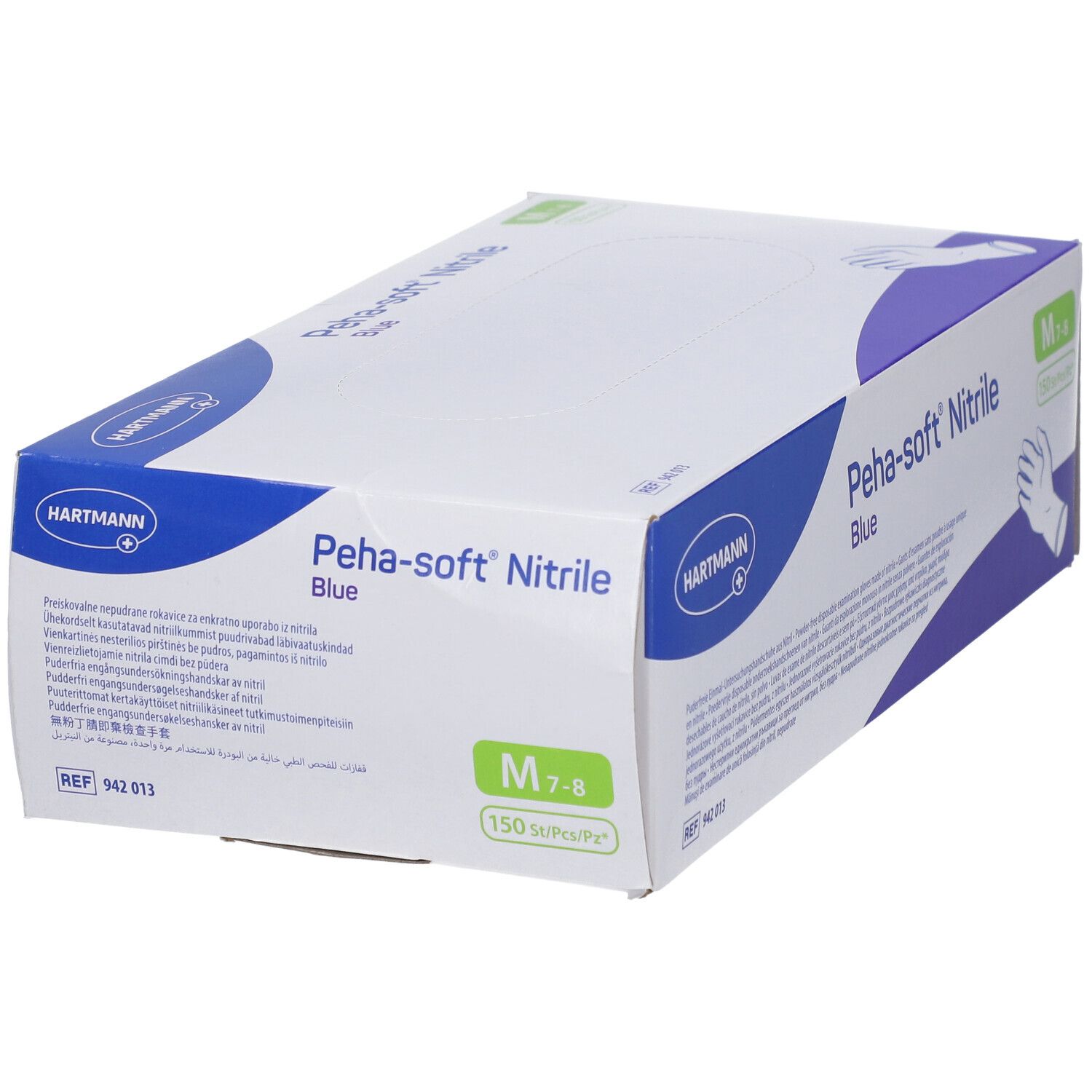 Scatola di guanti Peha-soft® Nitrile blu. Taglia M 7-8, 150 pezzi. Logo Hartmann.