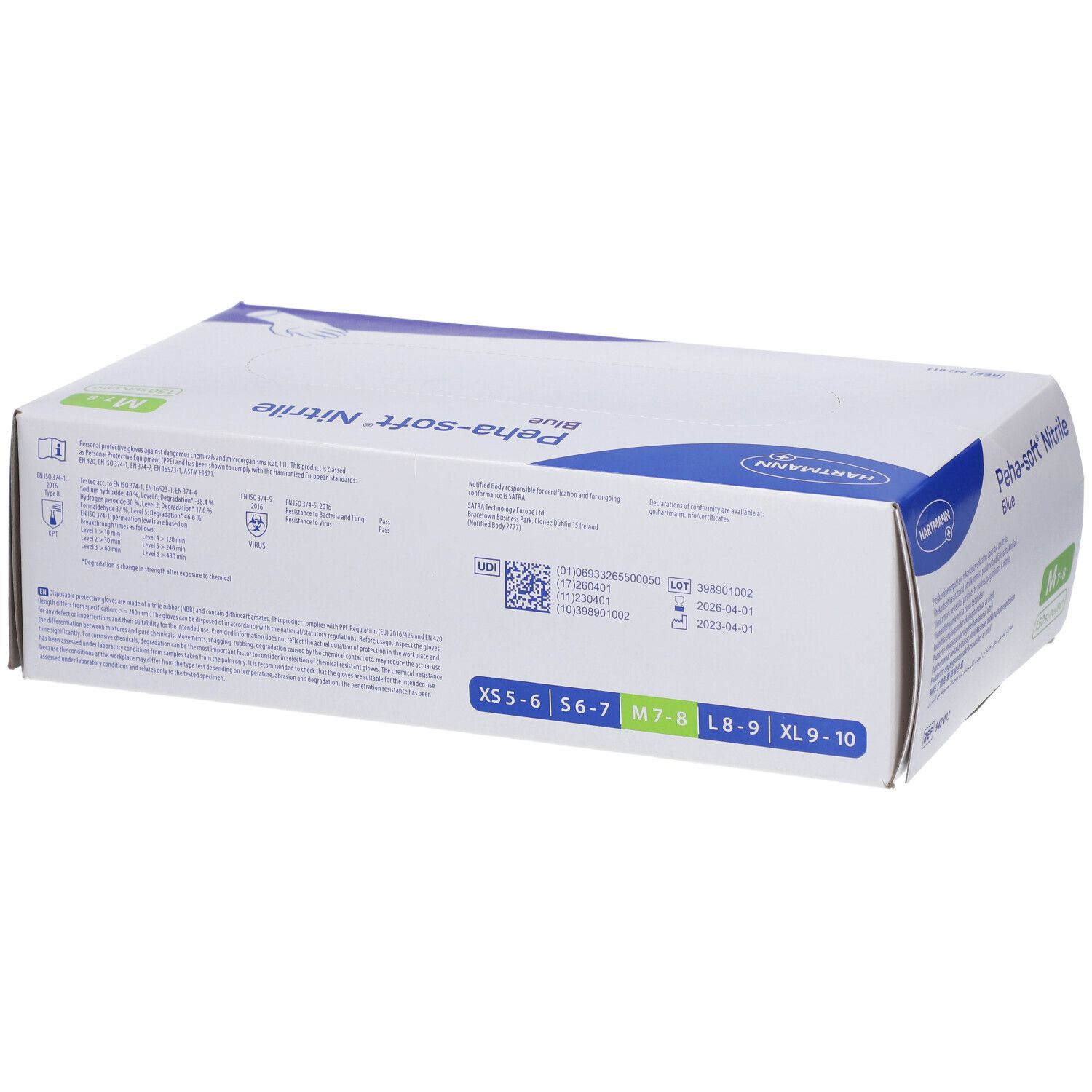 Scatola di guanti Peha-soft® Nitrile blu. Taglie XS-XL. Logo Hartmann. Retro con testo.
