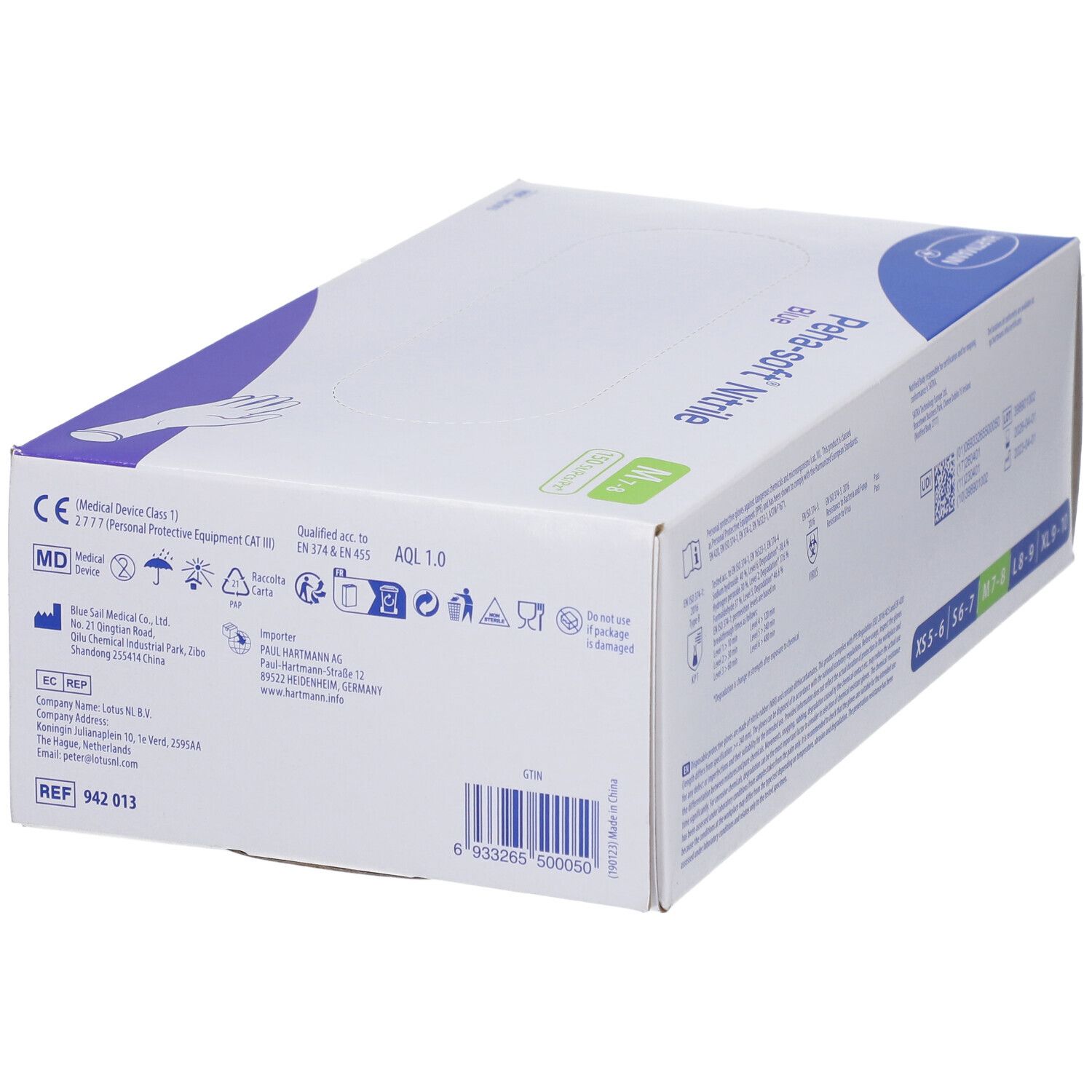 Scatola di guanti Peha-soft® Nitrile blu. Taglie XS-XL. Logo Hartmann. Retro con testo.