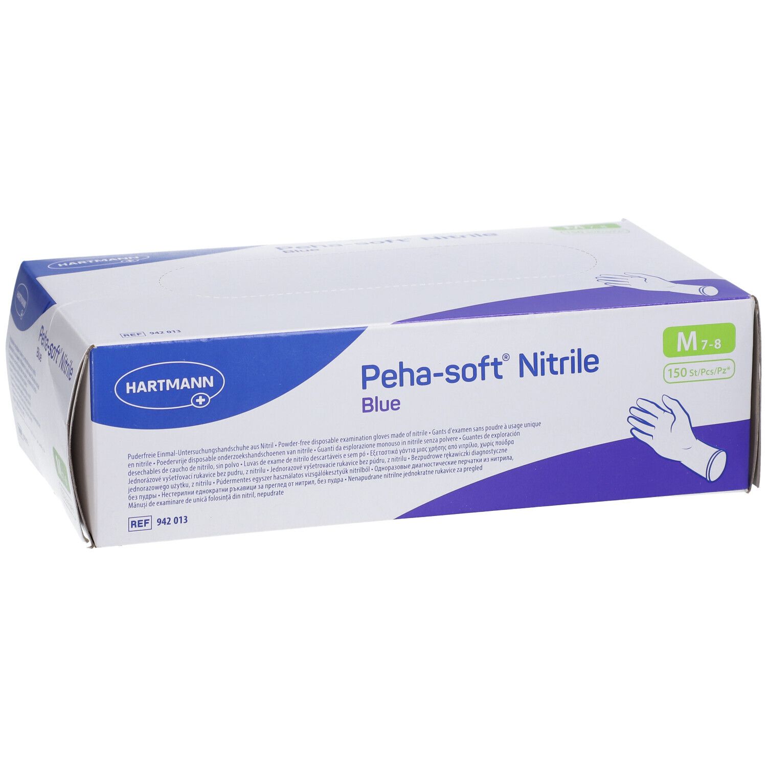 Scatola di guanti Peha-soft® Nitrile blu. Taglia M 7-8, 150 pezzi. Logo Hartmann.