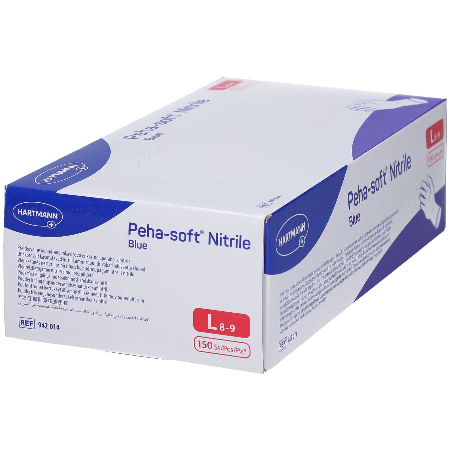 Scatola blu Peha-soft Nitrile. Taglia L 8-9. 150 pezzi. Logo Hartmann. Immagine guanto.