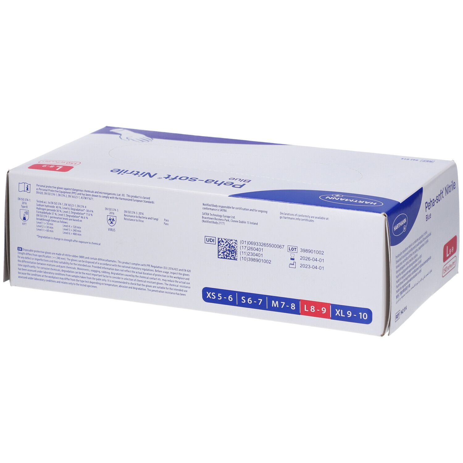 Scatola blu Peha-soft Nitrile. Taglie: XS-6, S6-7, M7-8, L8-9, XL9-10. Logo Hartmann. Immagine guanto.