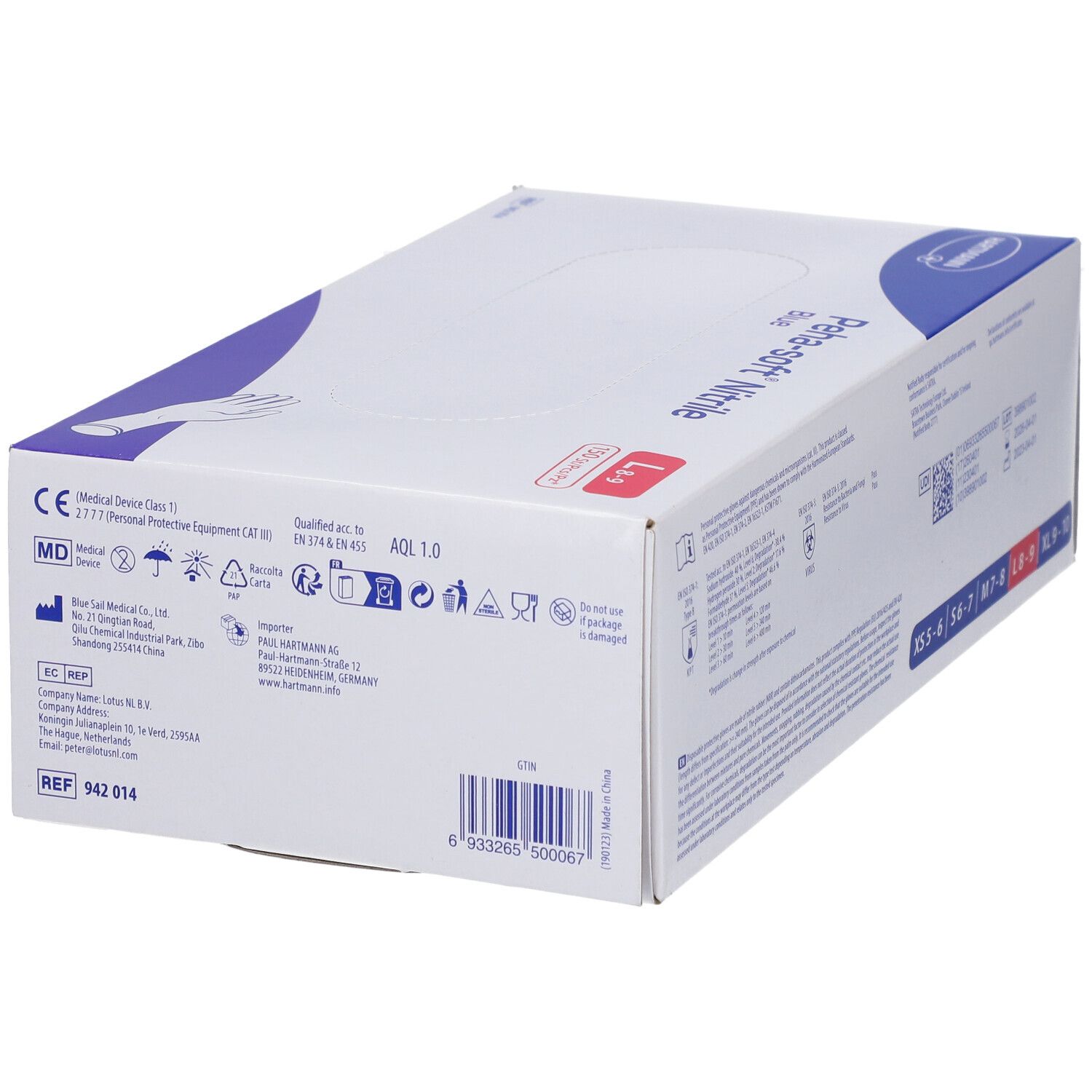 Retro della scatola blu Peha-soft Nitrile. Marchio CE. Logo Hartmann. Immagine guanto.