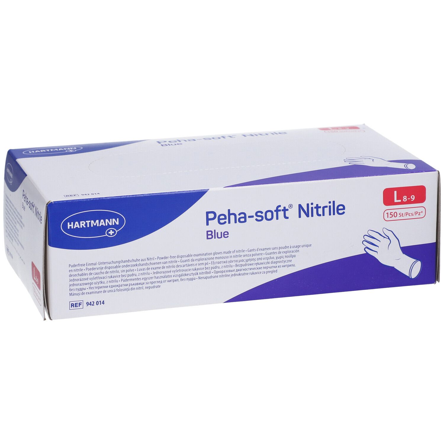 Scatola blu Peha-soft Nitrile. Taglia L 8-9. 150 pezzi. Logo Hartmann. Immagine guanto.