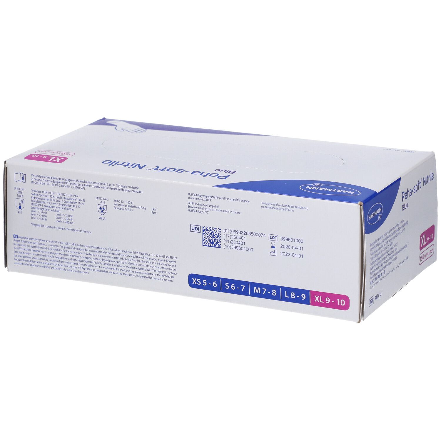 Confezione in cartone blu e bianca. Scritta: Peha-soft Nitrile Blue, taglie XS-XL. Logo Hartmann. Dispositivo medico.