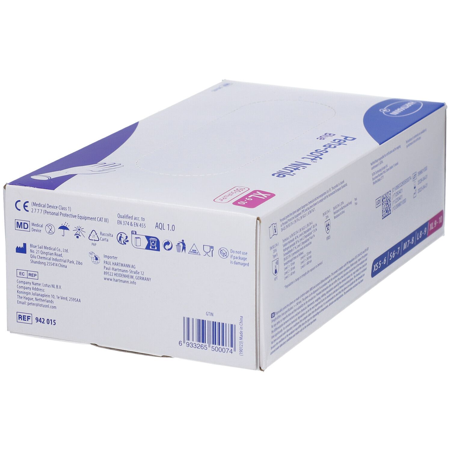 Confezione in cartone blu e bianca. Scritta: Peha-soft Nitrile. Dispositivo medico. Marchio CE. AQL 1.0.