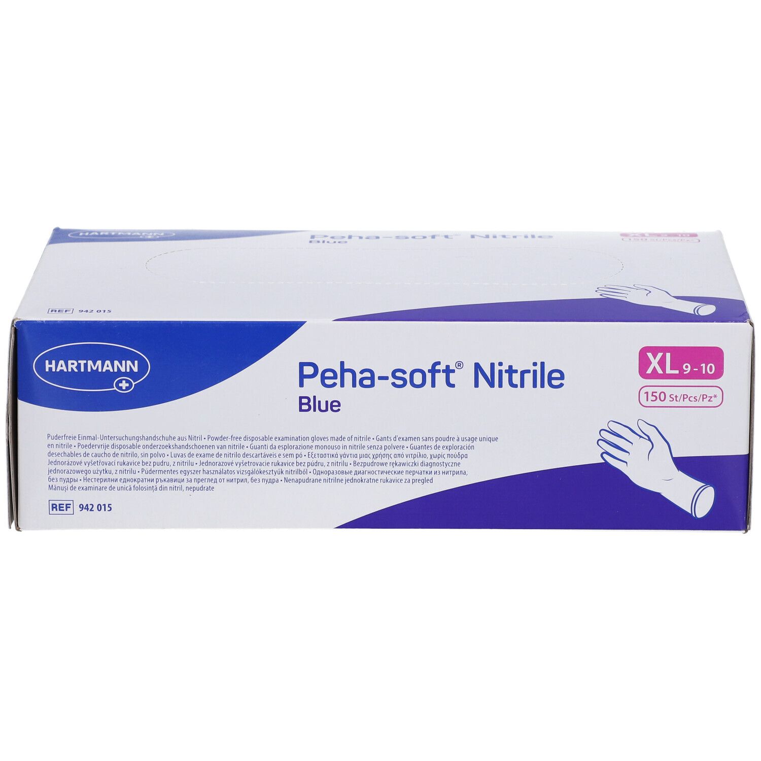 Confezione in cartone blu e bianca. Scritta: Peha-soft Nitrile Blue, XL 9-10. Logo Hartmann. 150 pezzi/p.