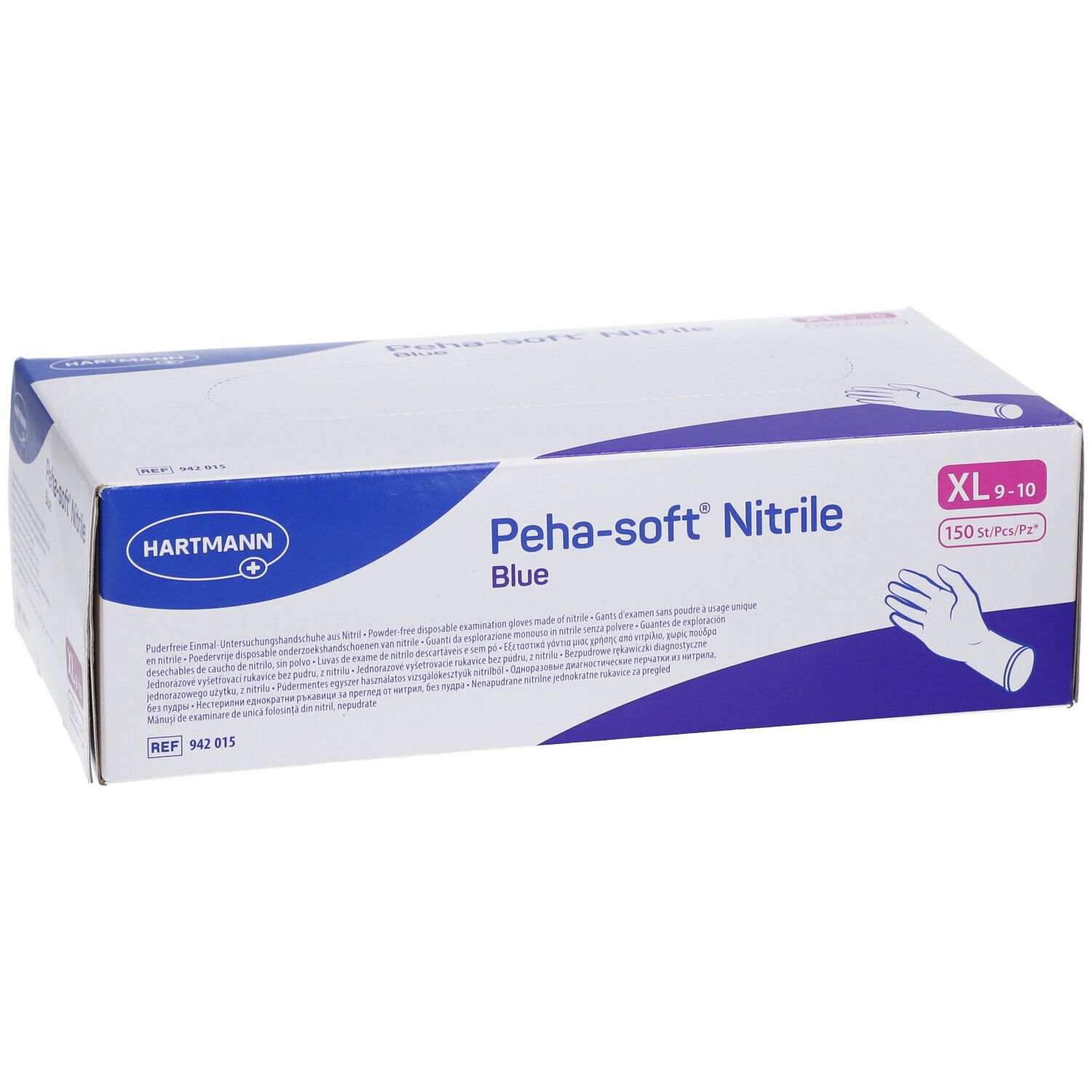 Confezione in cartone blu e bianca. Scritta: Peha-soft Nitrile Blue, XL 9-10. Logo Hartmann. 150 pezzi/p.
