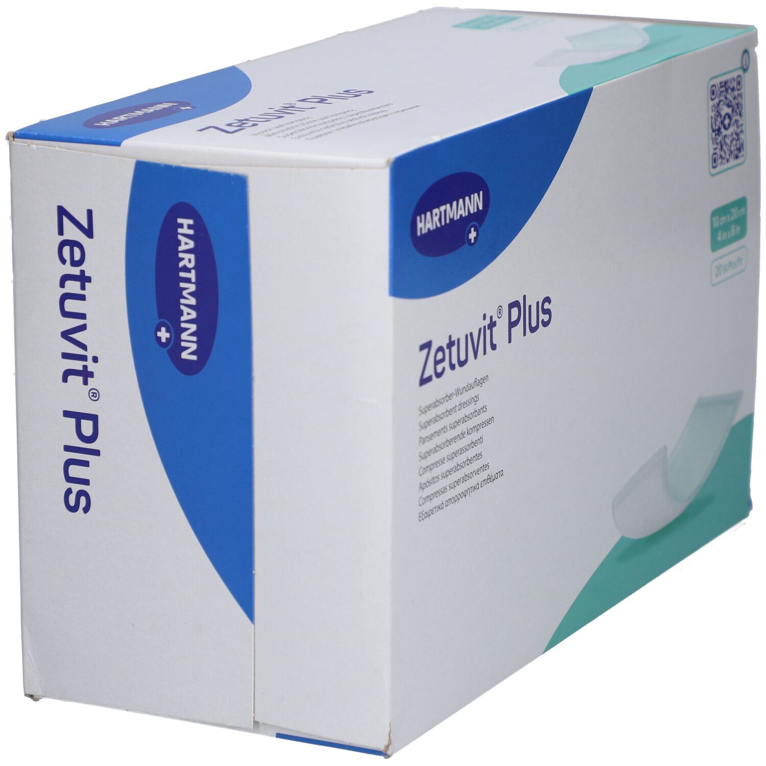 Confezione Zetuvit Plus. Nome e logo su scatola bianca. Logo Hartmann. Codice QR. Compresse visibili.