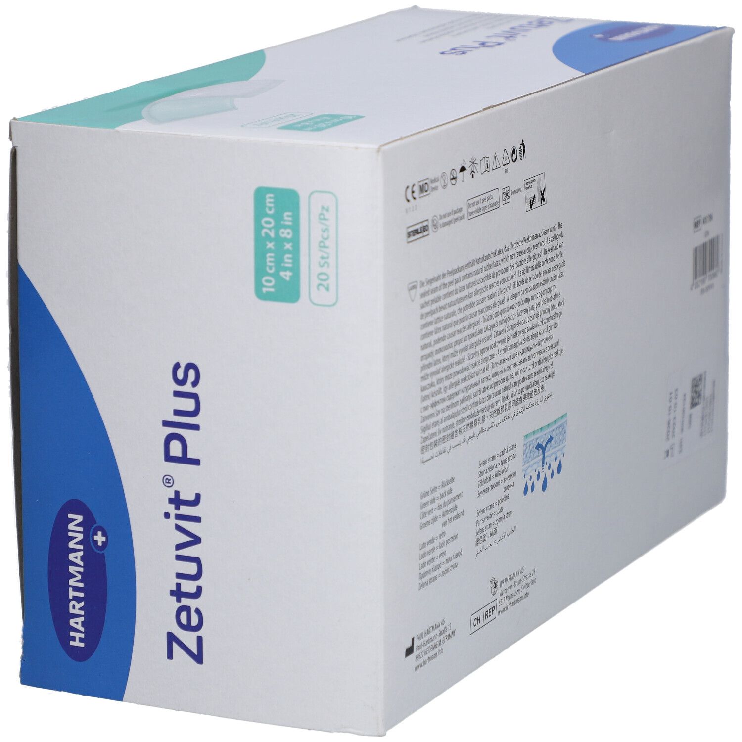 Confezione Zetuvit Plus. Nome prodotto, logo e dimensioni 10x20 cm. Scatola bianca con informazioni.