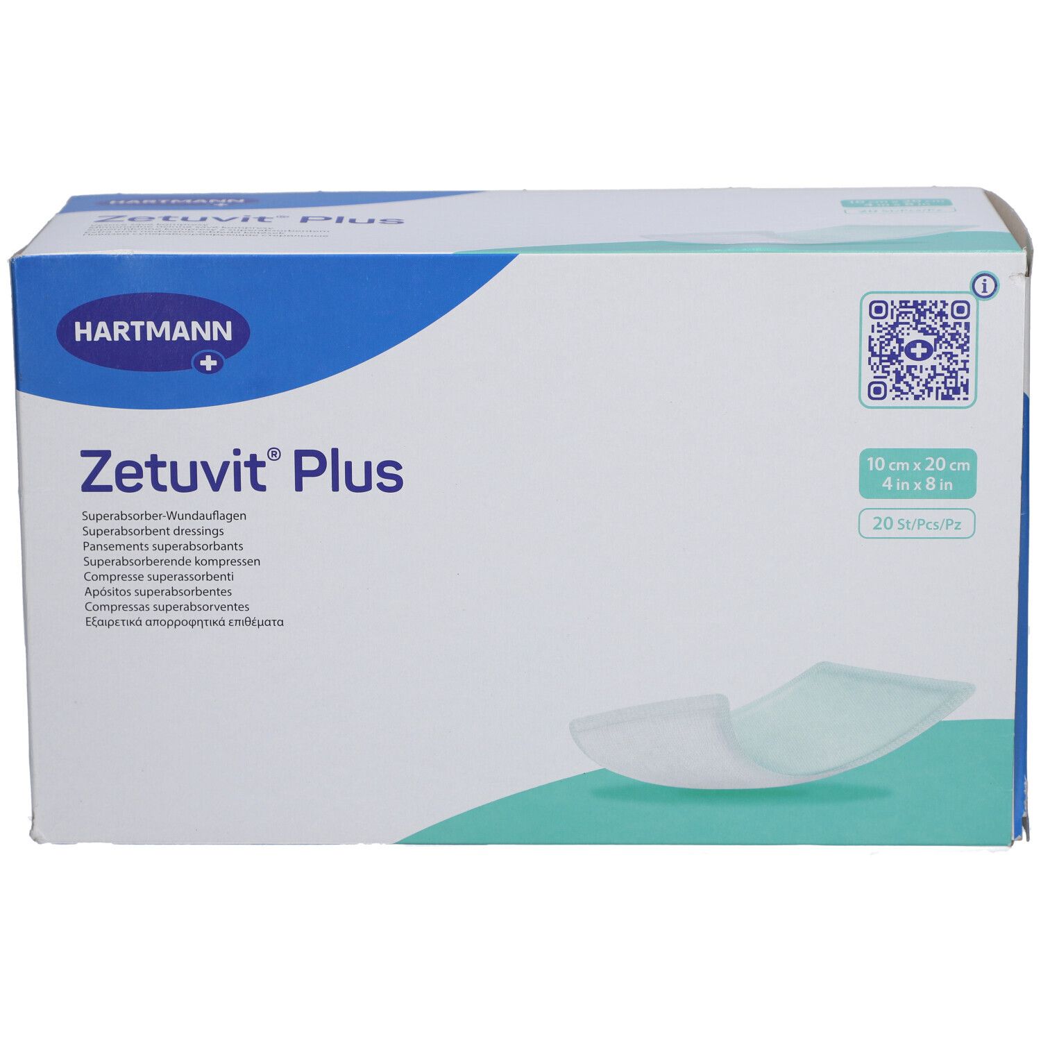 Confezione Zetuvit Plus. Nome, logo e dimensioni 10x20 cm. Scatola bianca con info. Compressa visibile.